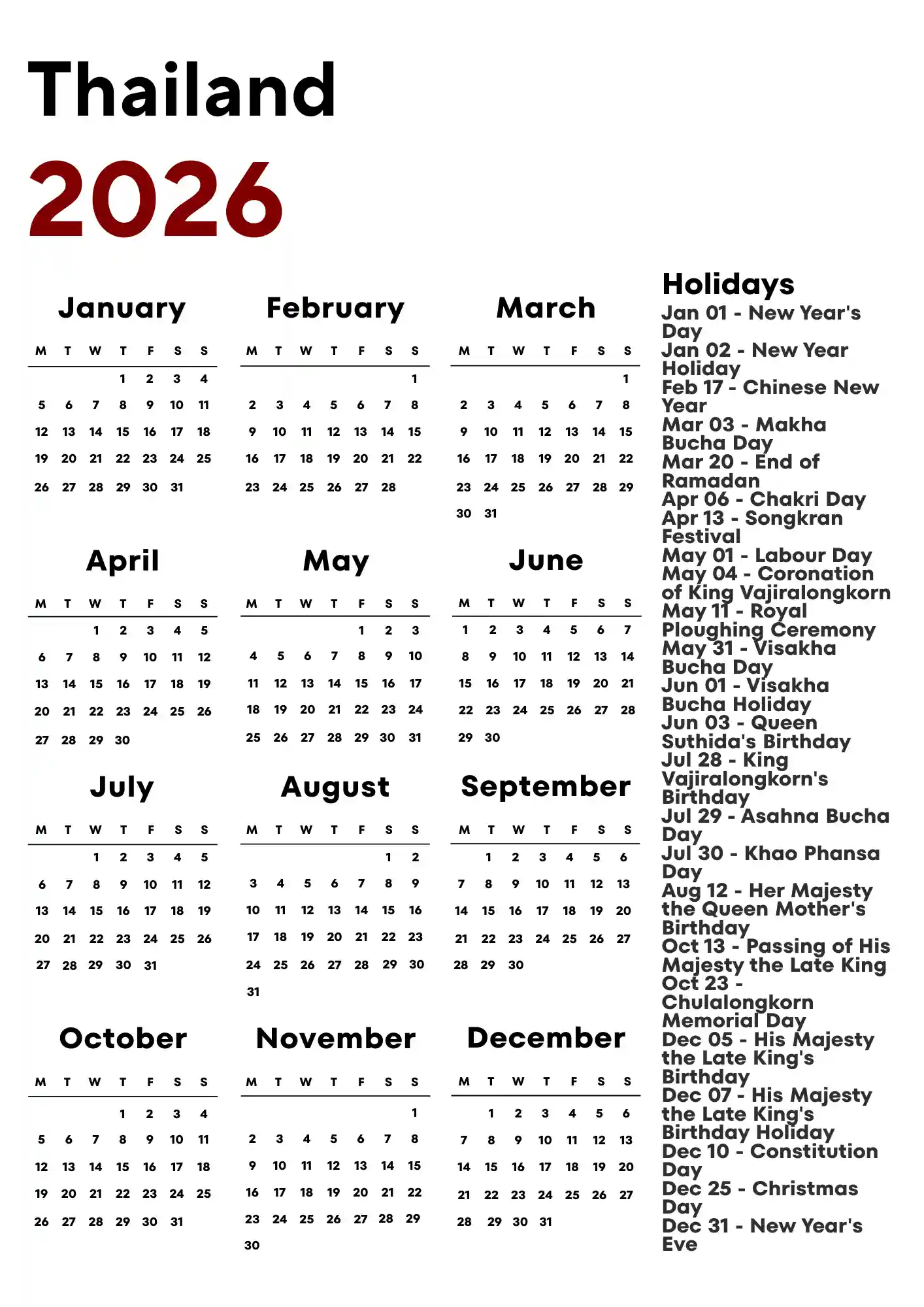 Thailand Calendar 2026