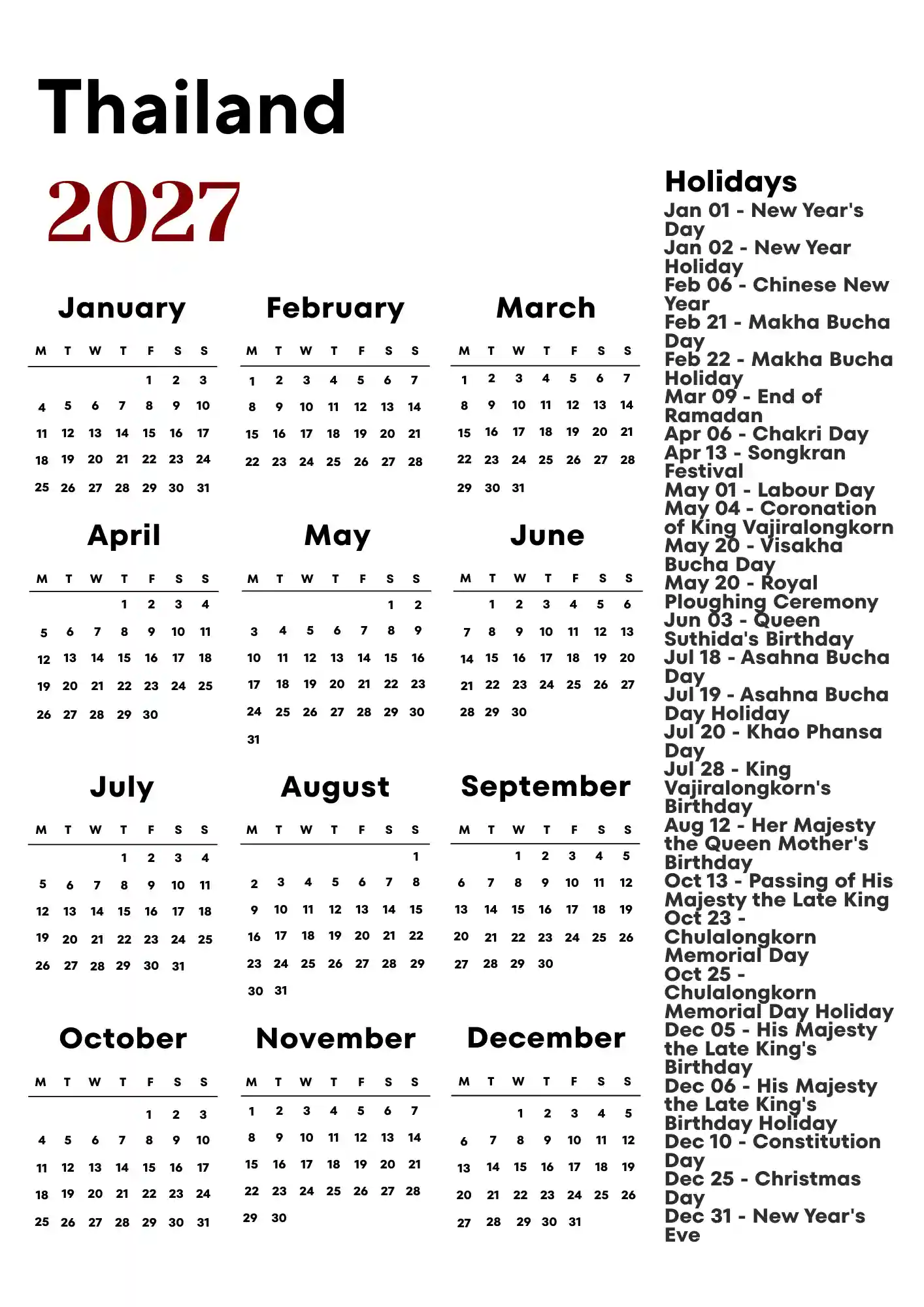 Thailand Calendar 2027