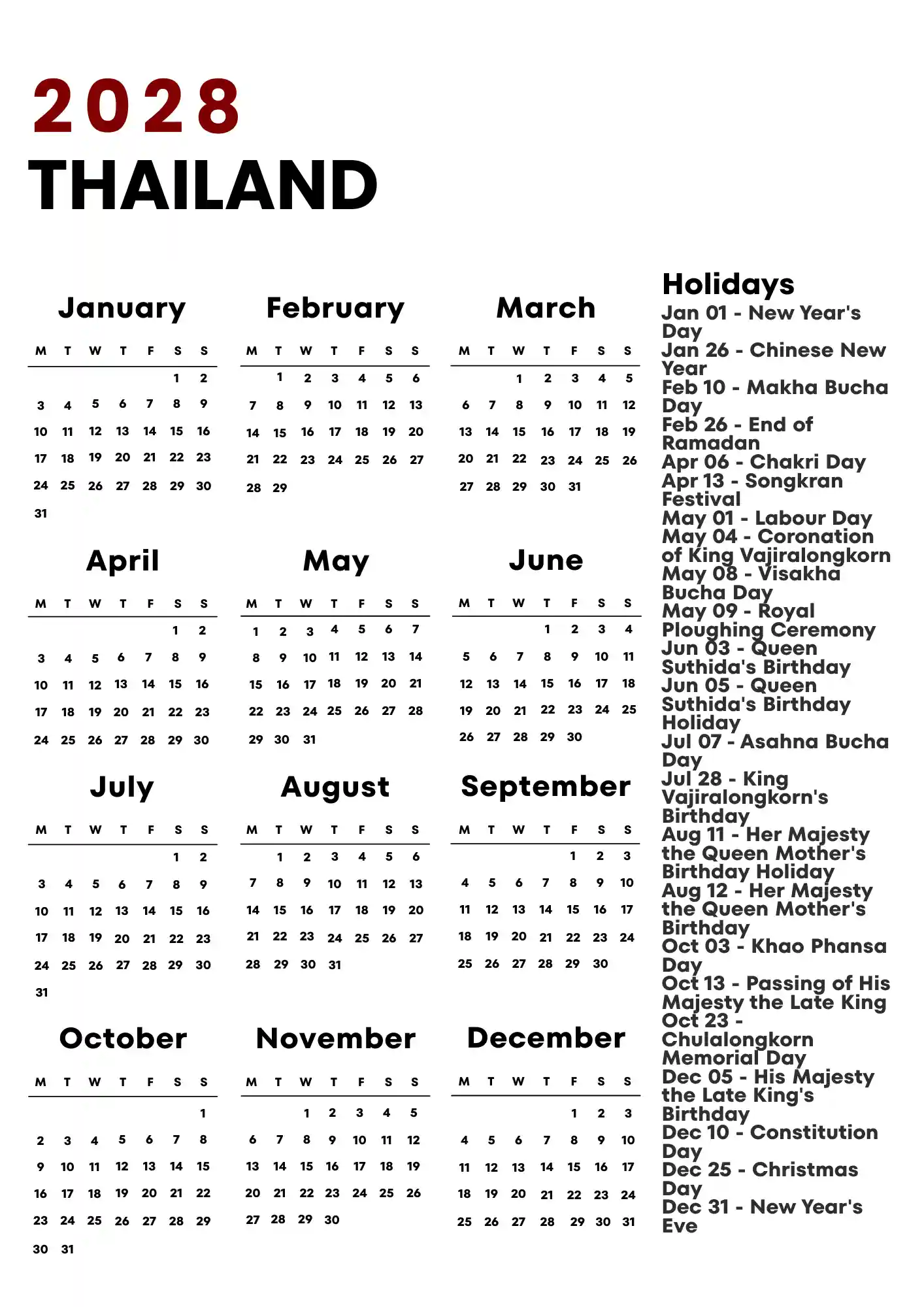 Thailand Calendar 2028