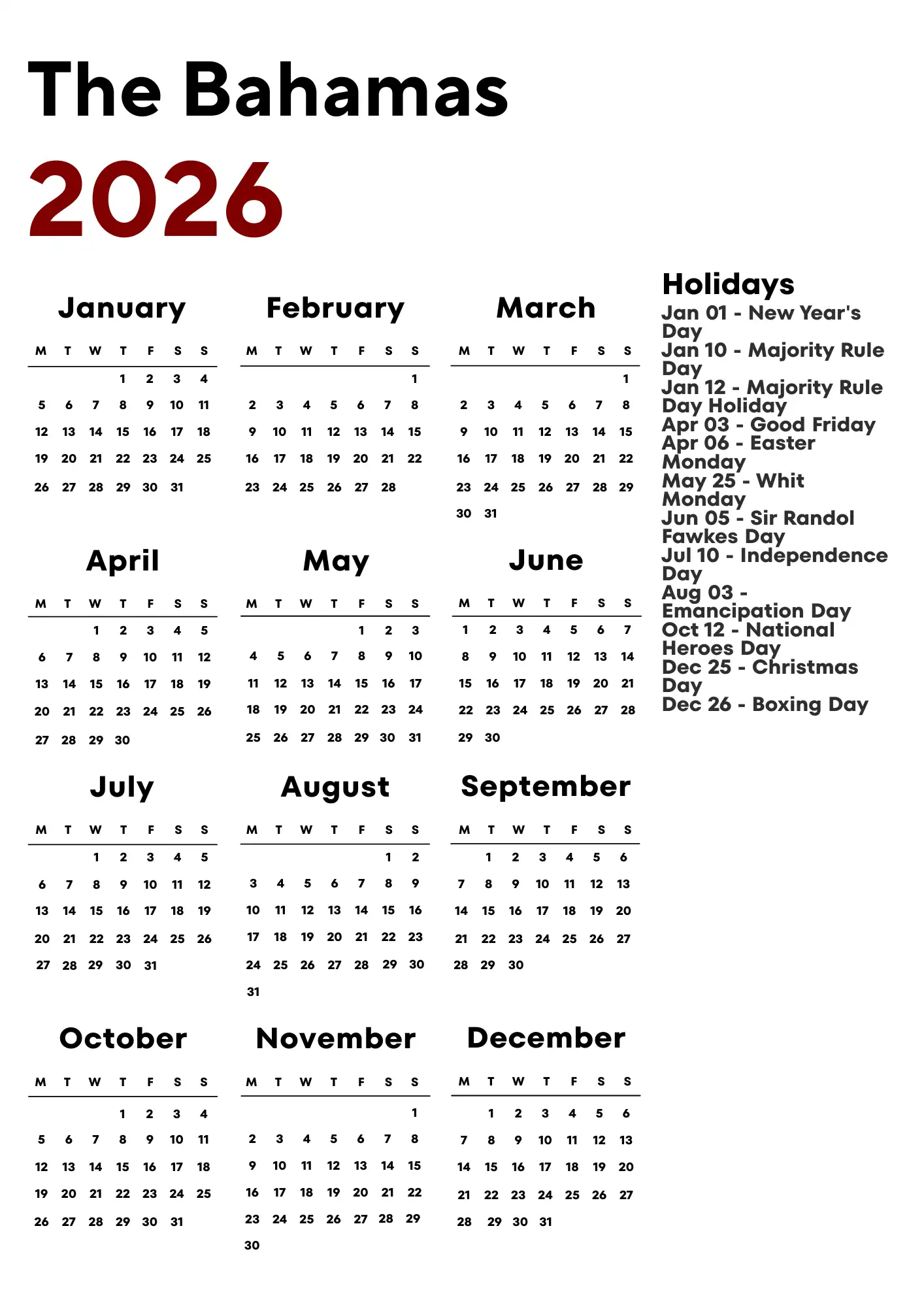 The Bahamas Calendar 2026