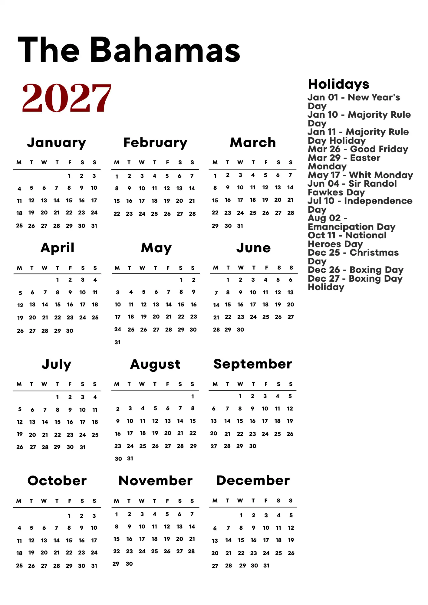 The Bahamas Calendar 2027