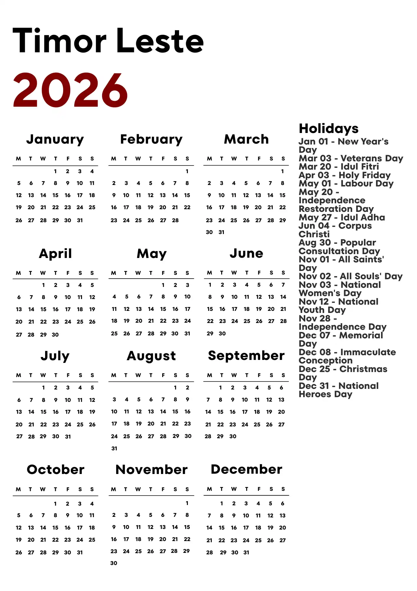 Timor Leste Calendar 2026