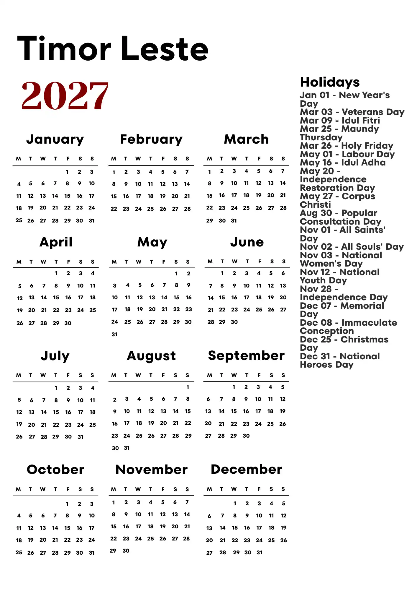 Timor Leste Calendar 2027