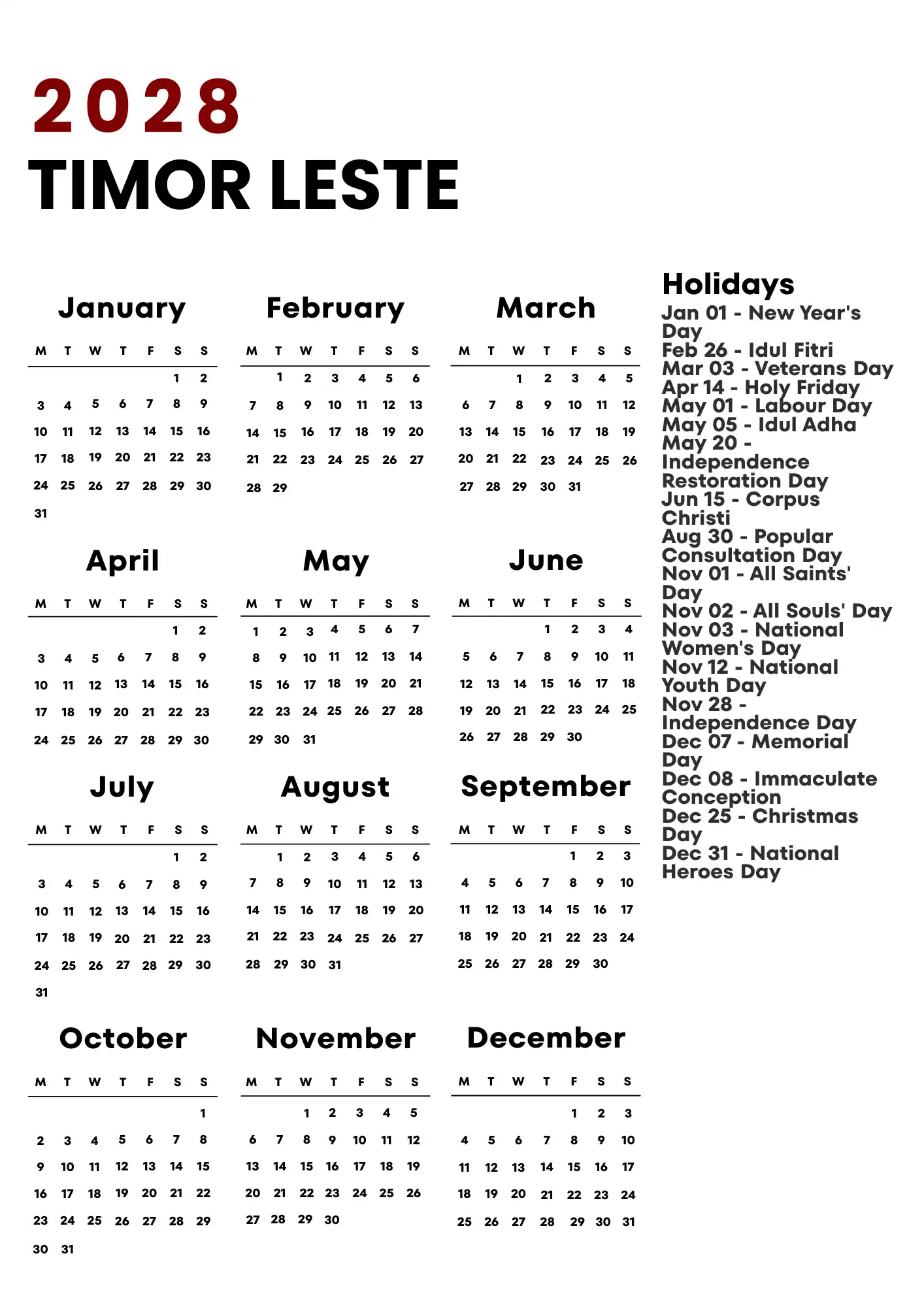 Timor Leste Calendar 2028