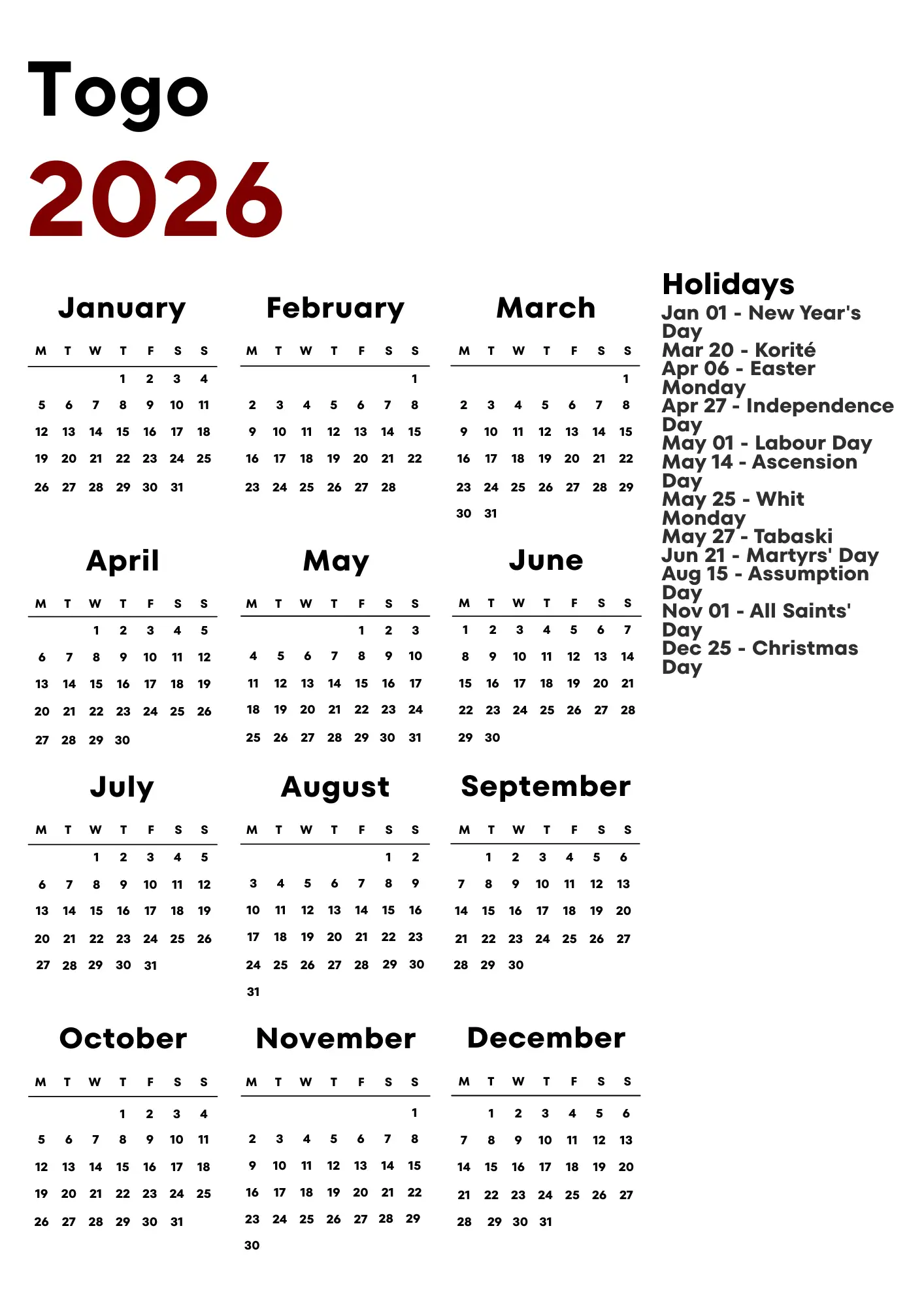 Togo Calendar 2026