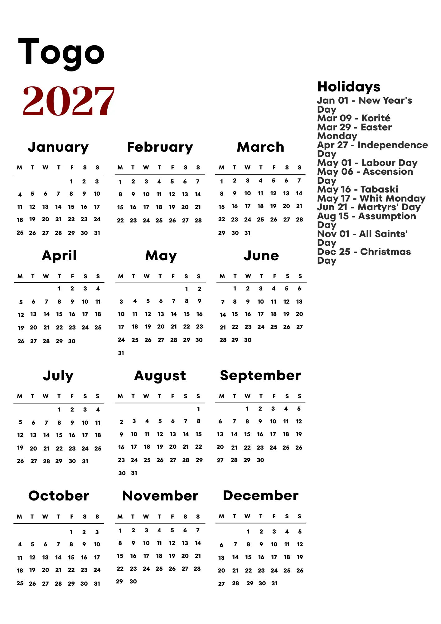 Togo Calendar 2027