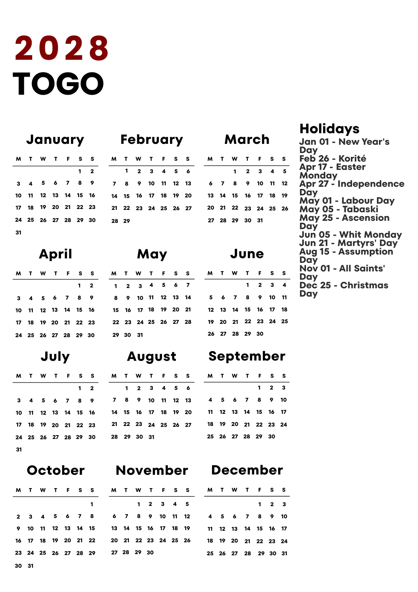Togo Calendar 2028