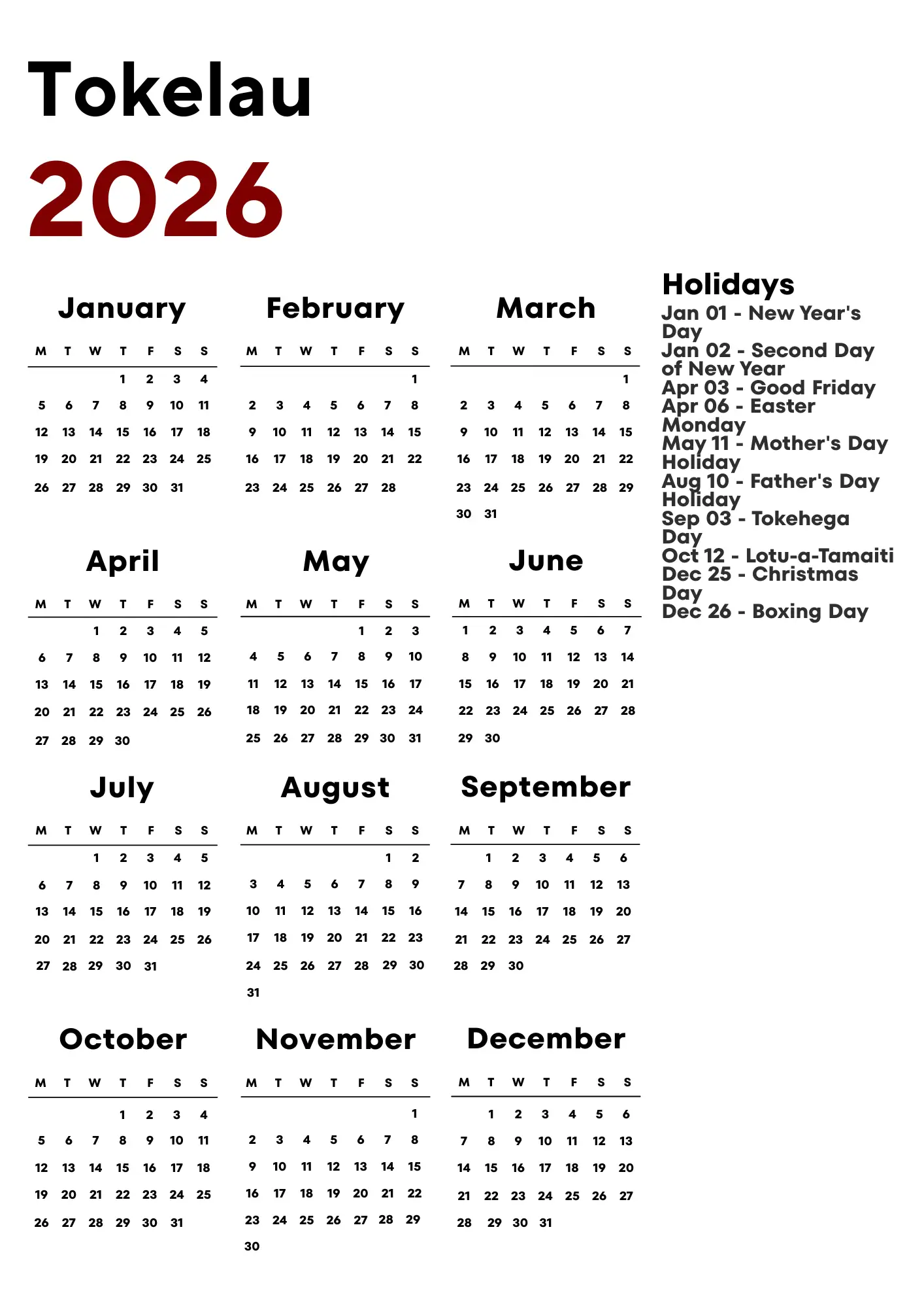 Tokelau Calendar 2026