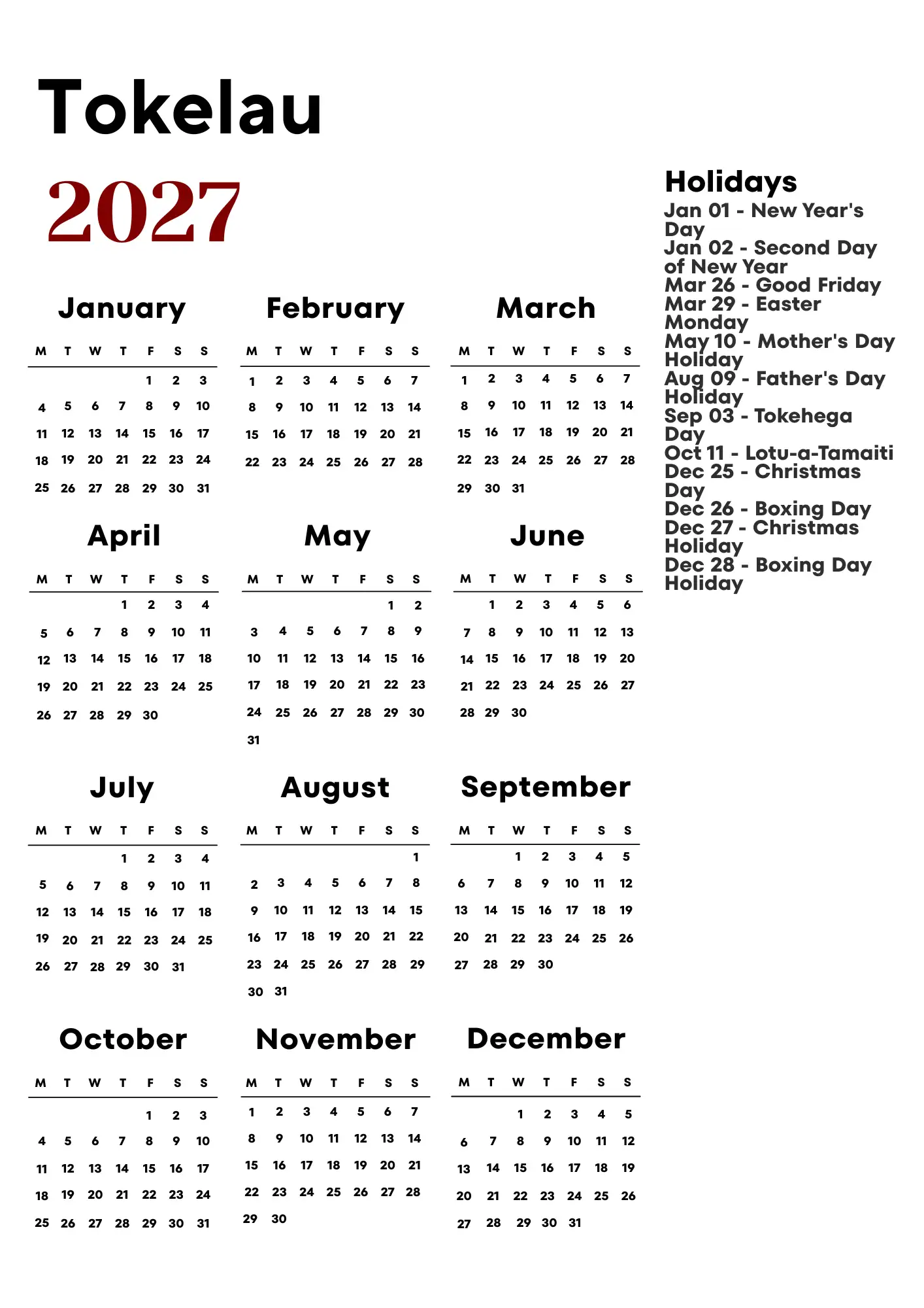 Tokelau Calendar 2027