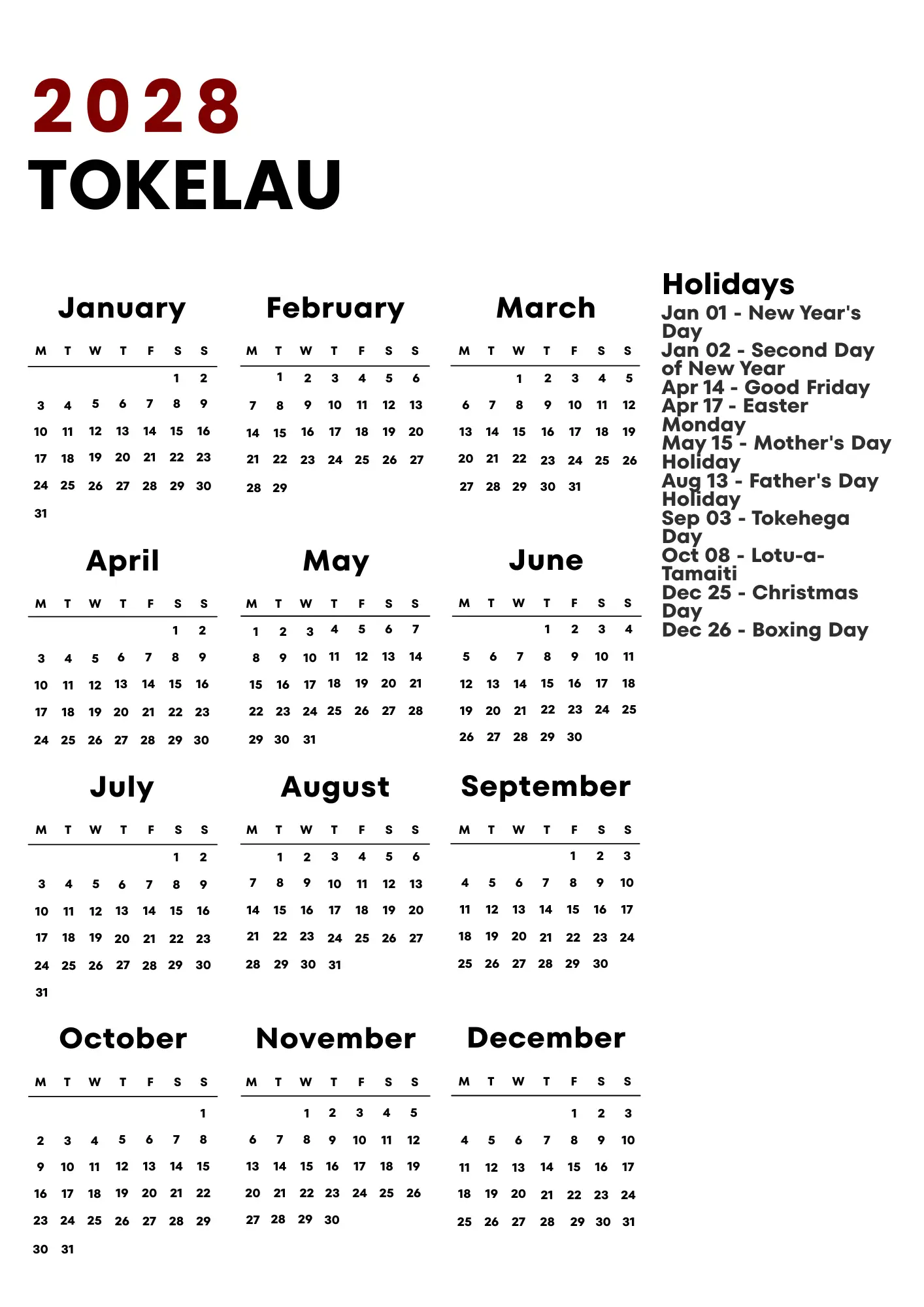 Tokelau Calendar 2028
