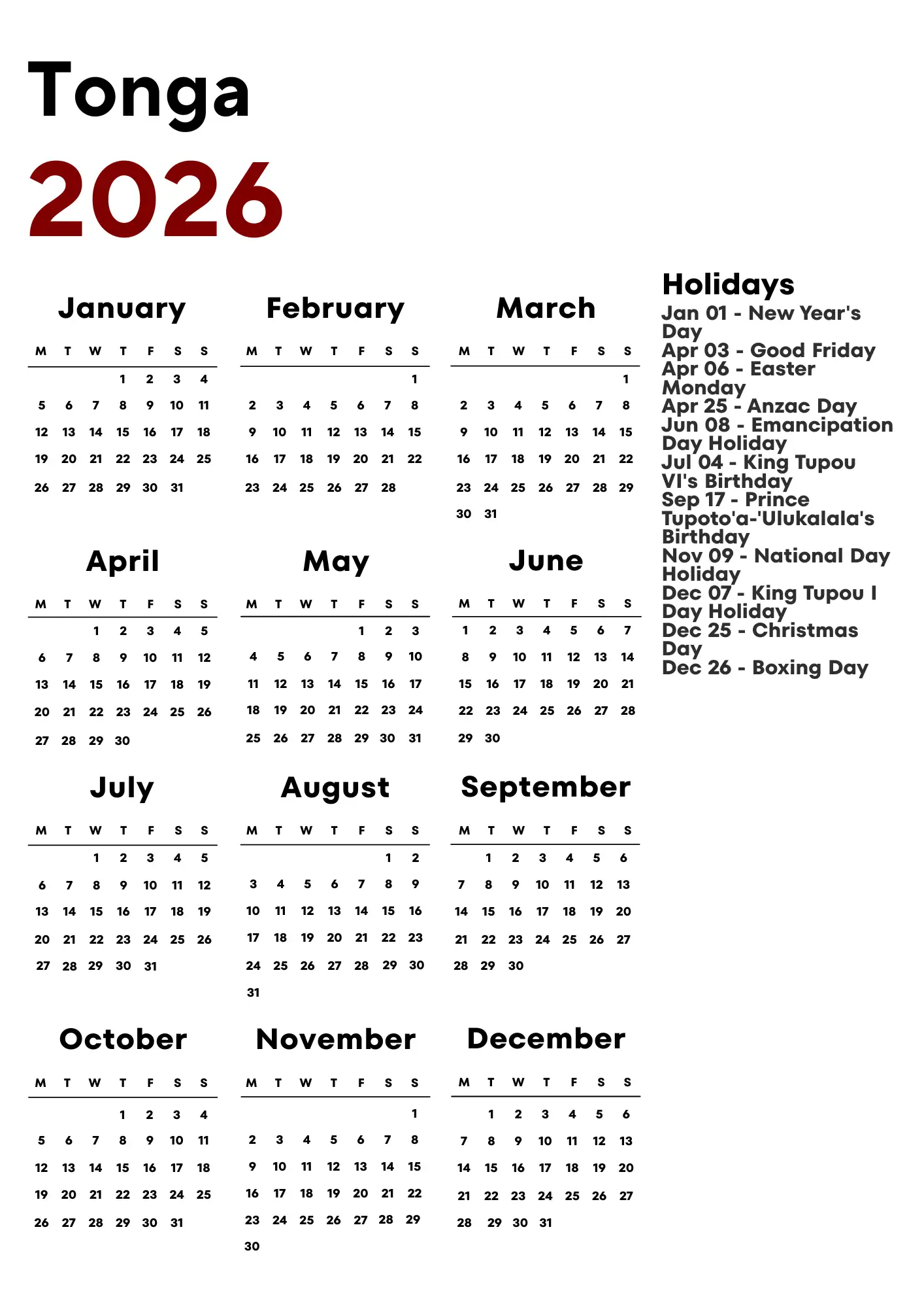 Tonga Calendar 2026