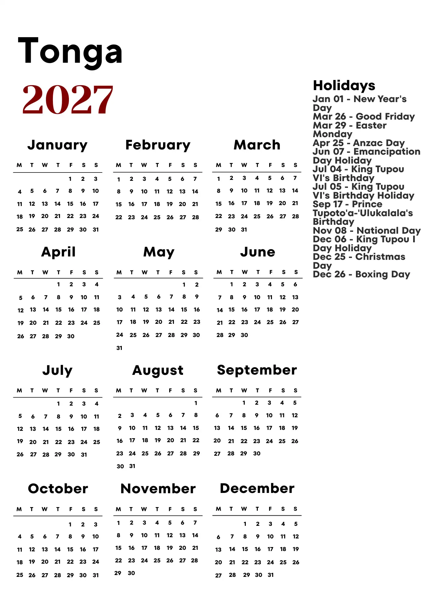 Tonga Calendar 2027