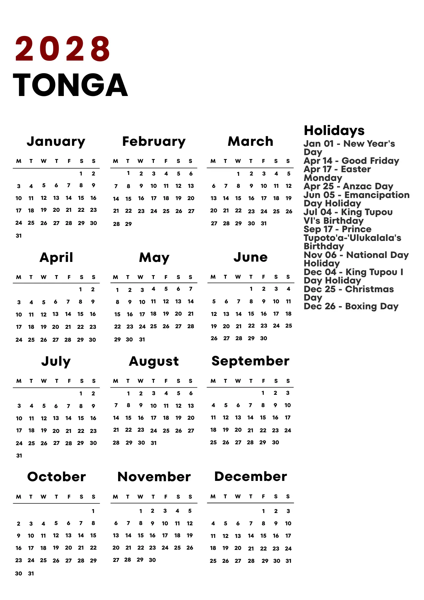 Tonga Calendar 2028