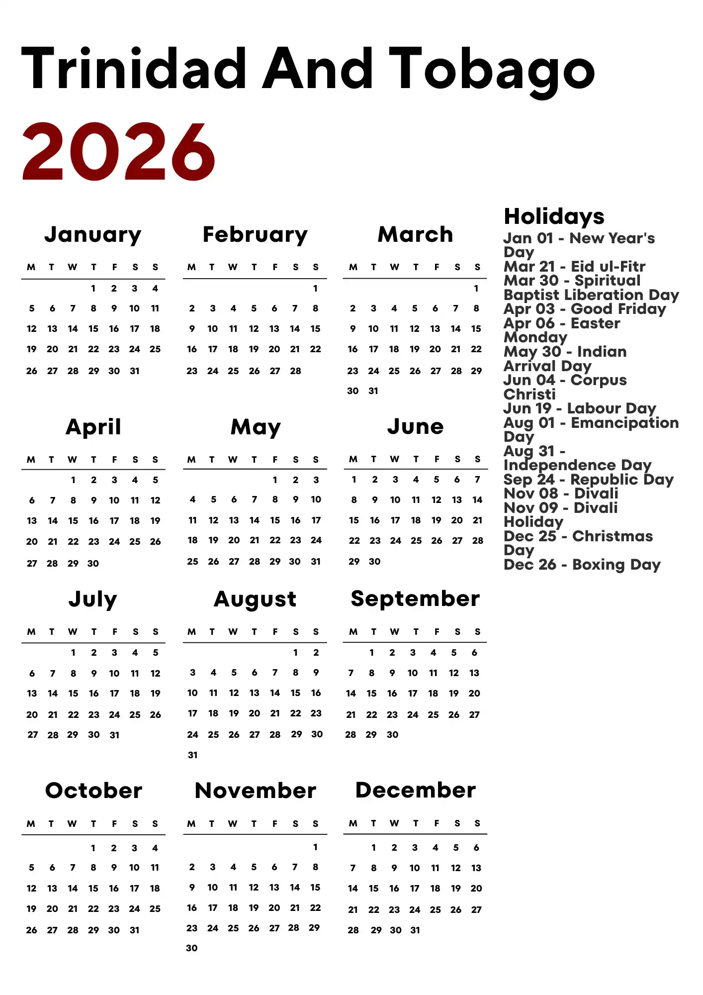 Trinidad And Tobago Calendar 2026