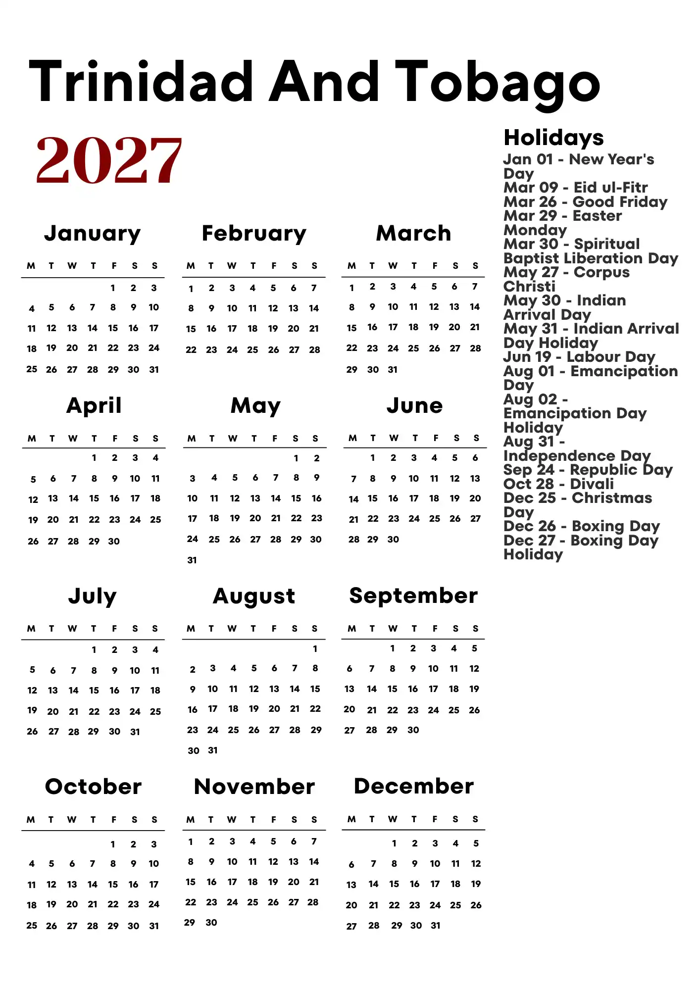Trinidad And Tobago Calendar 2027