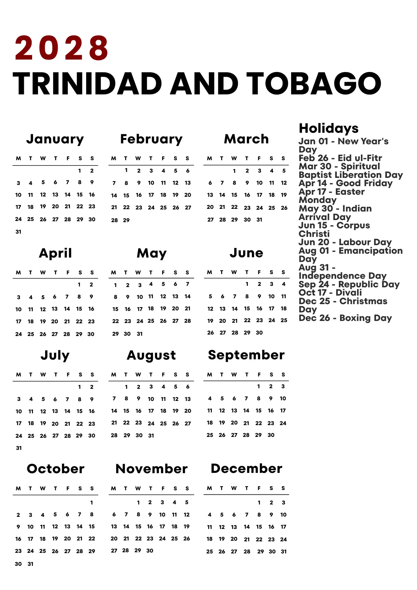 Trinidad And Tobago Calendar 2028