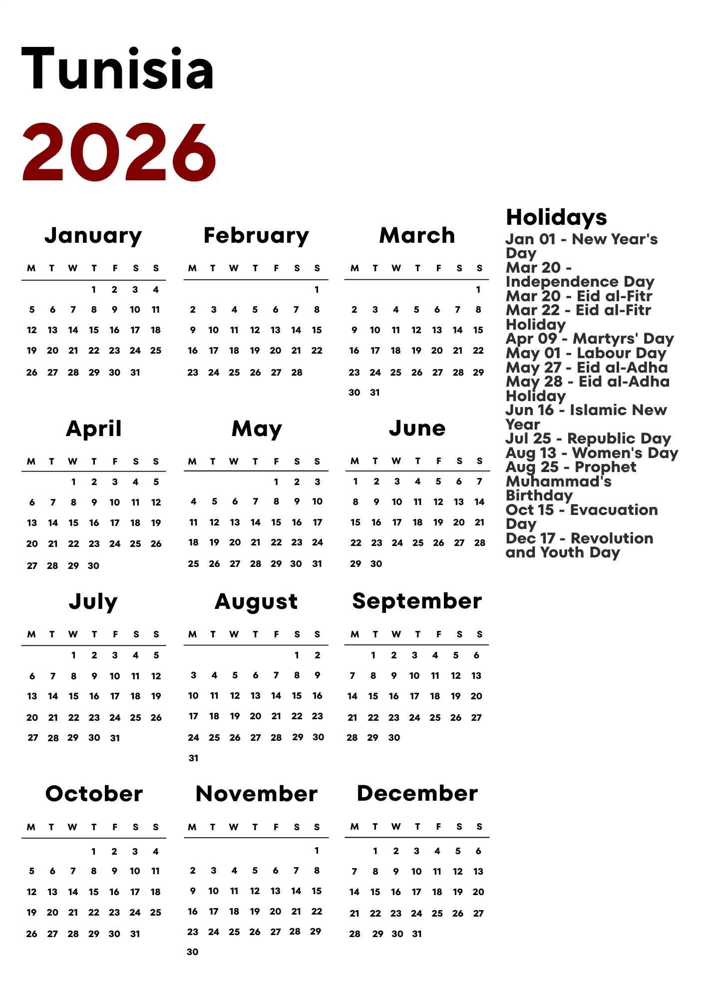 Tunisia Calendar 2026