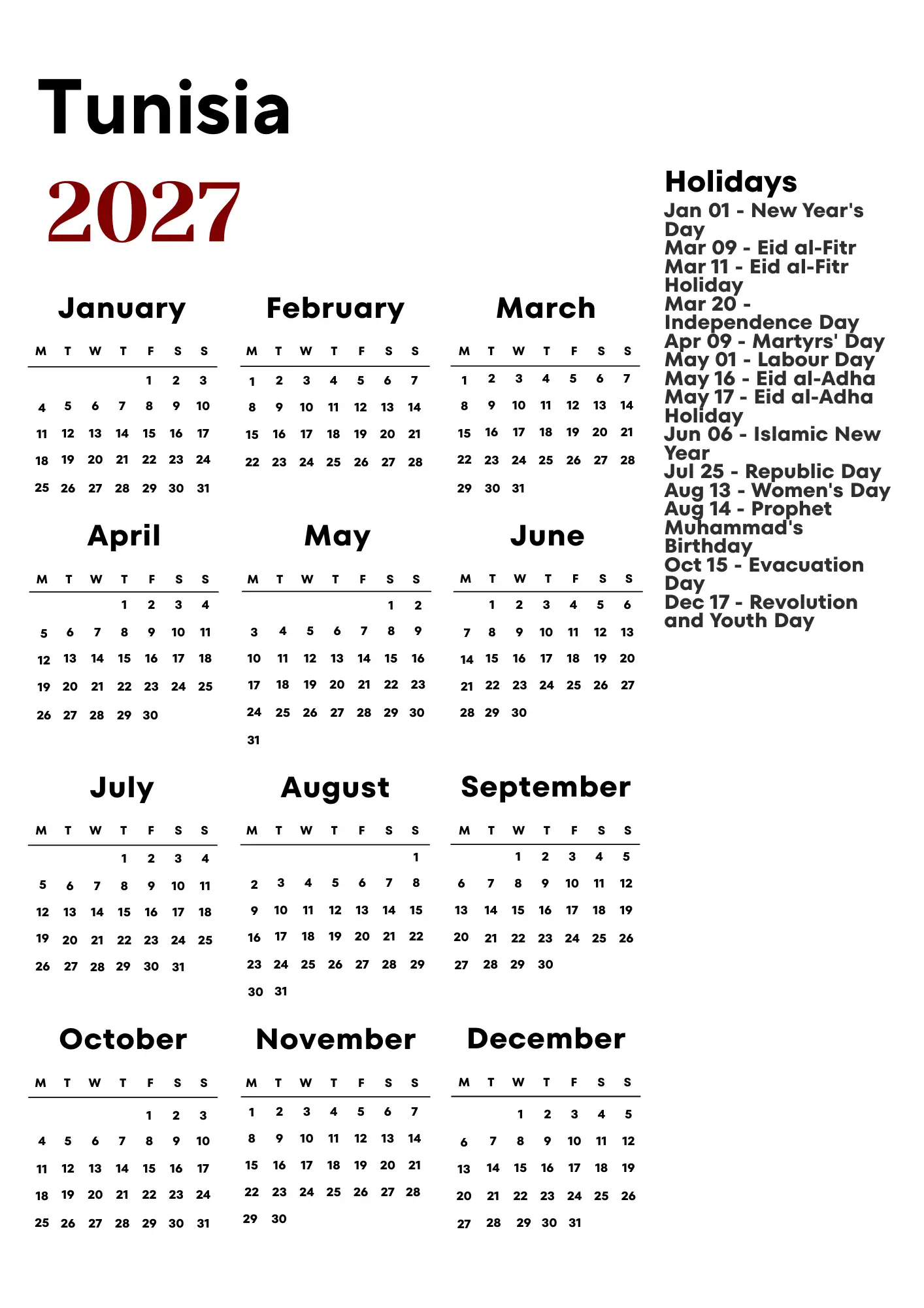 Tunisia Calendar 2027