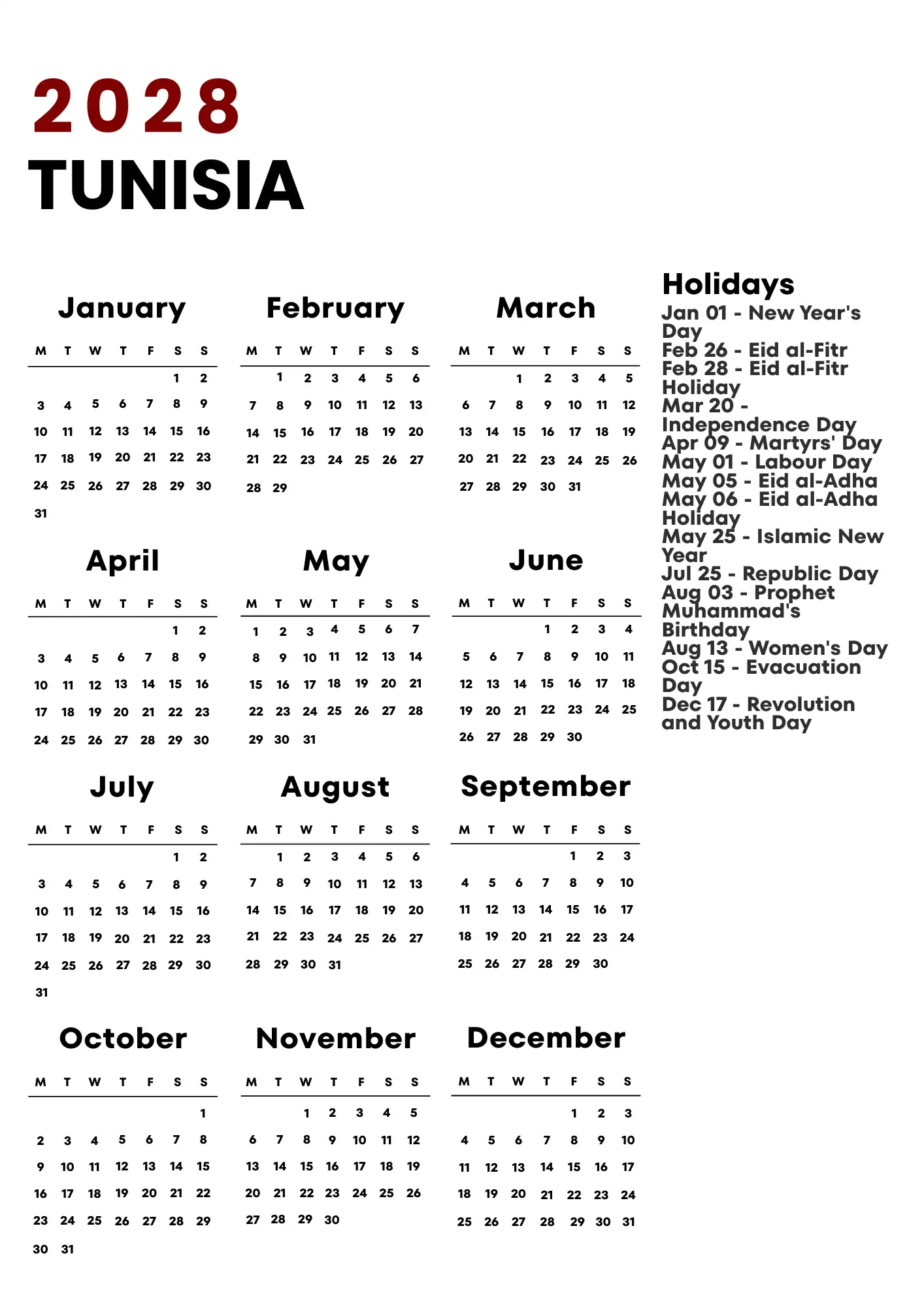 Tunisia Calendar 2028