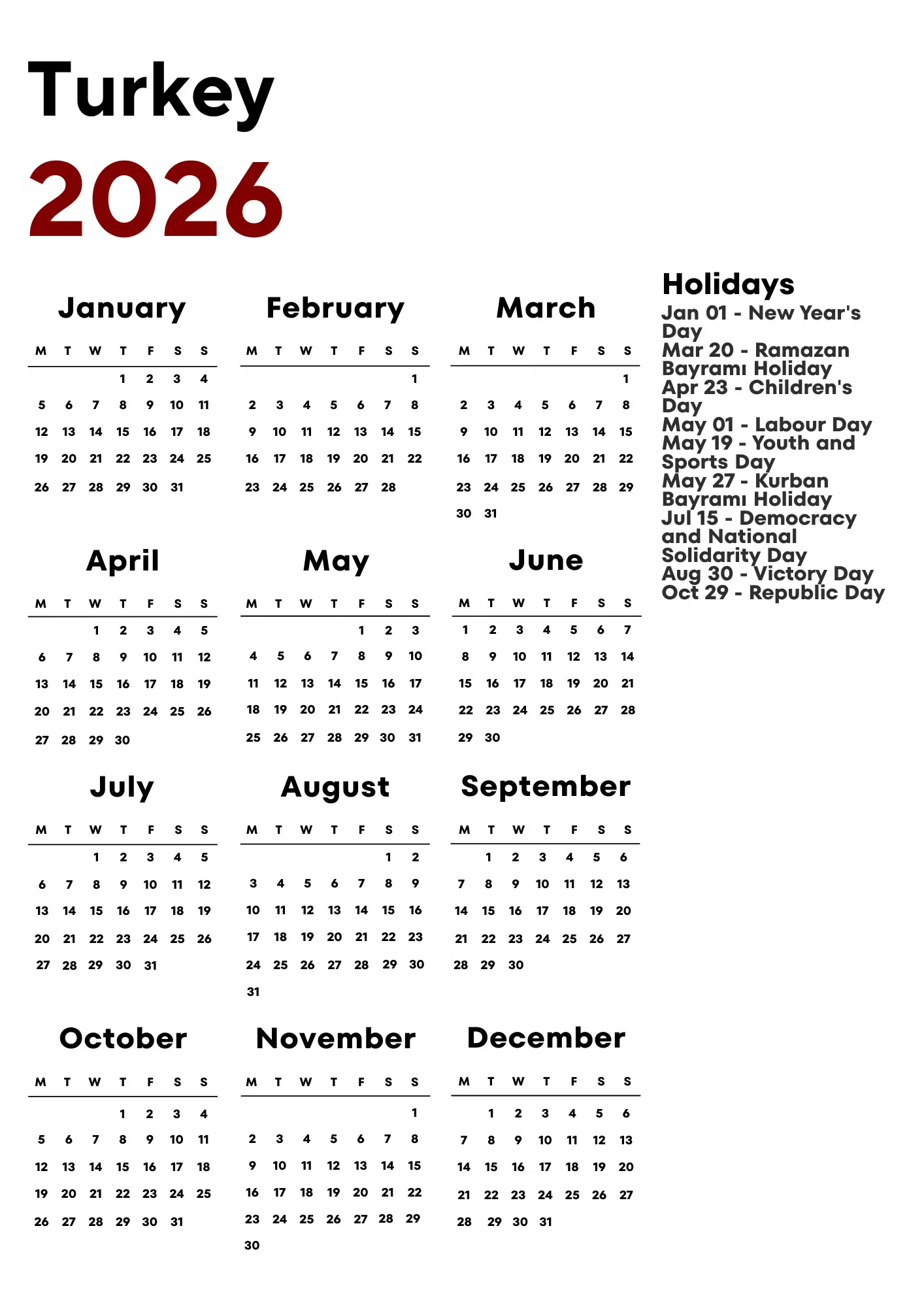 Turkey Calendar 2026