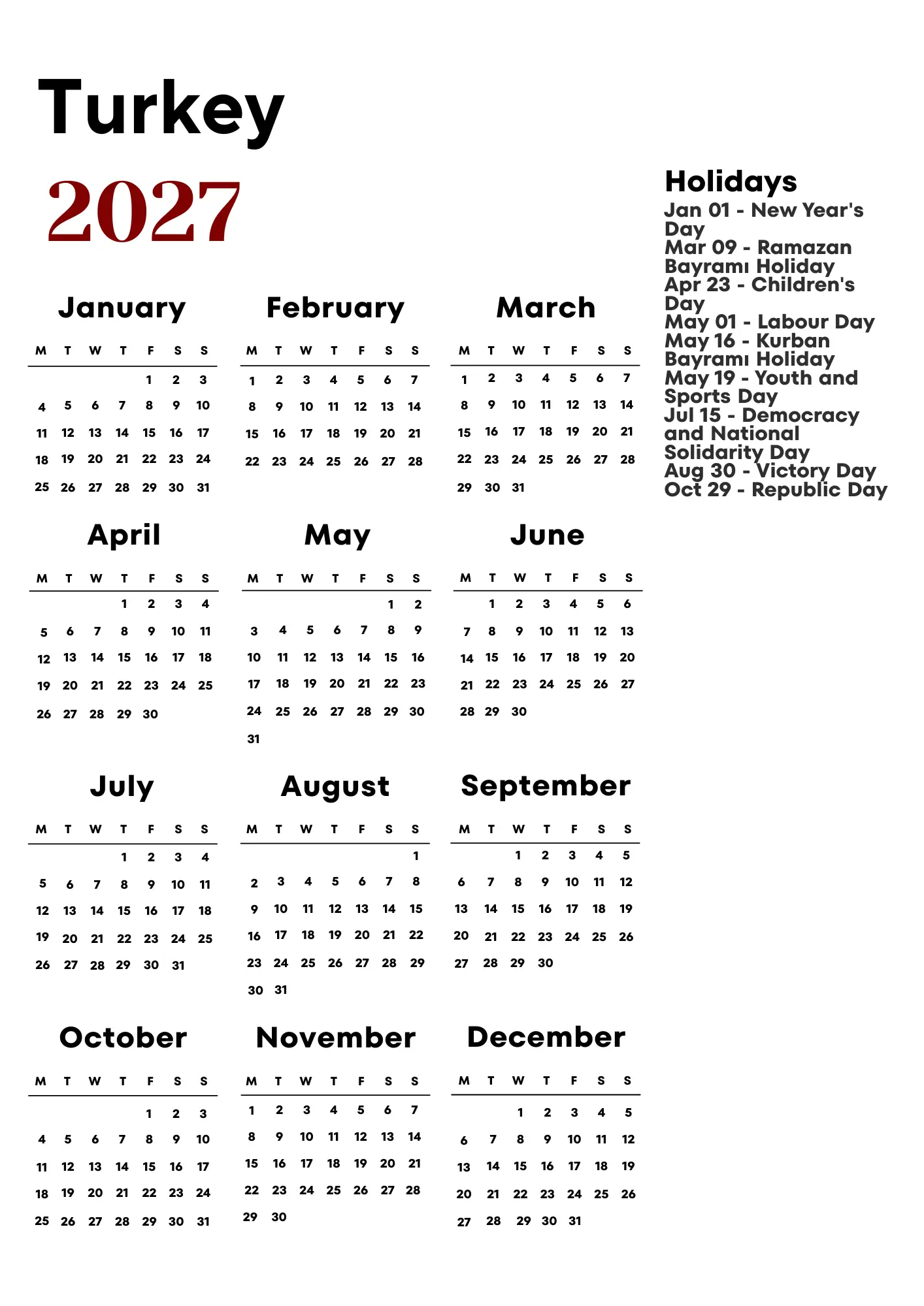 Turkey Calendar 2027