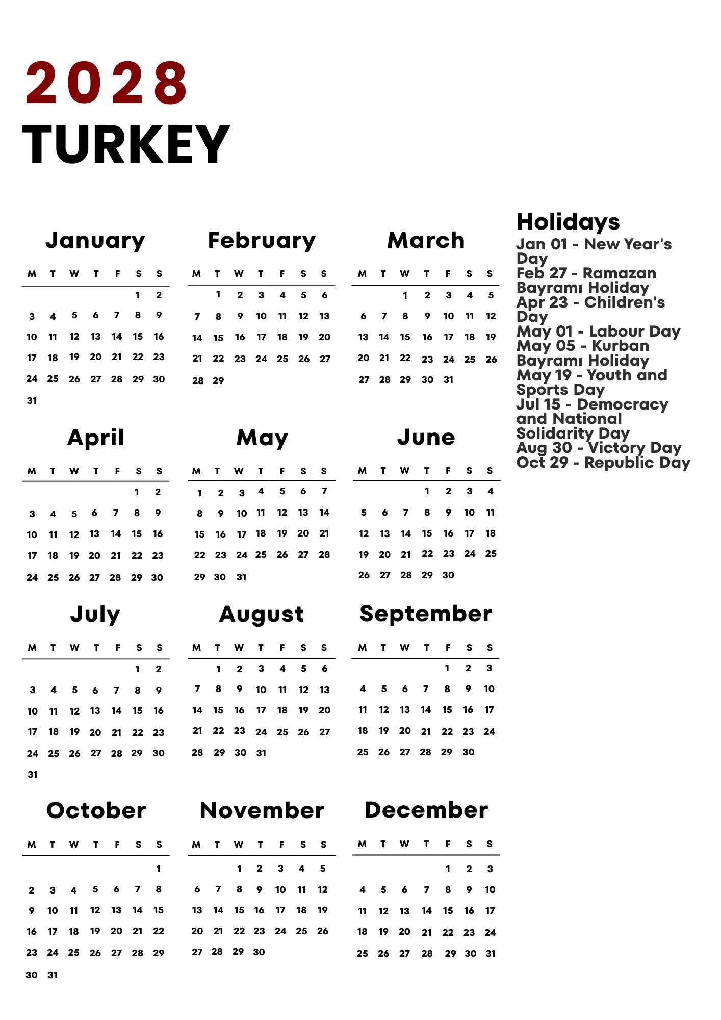 Turkey Calendar 2028