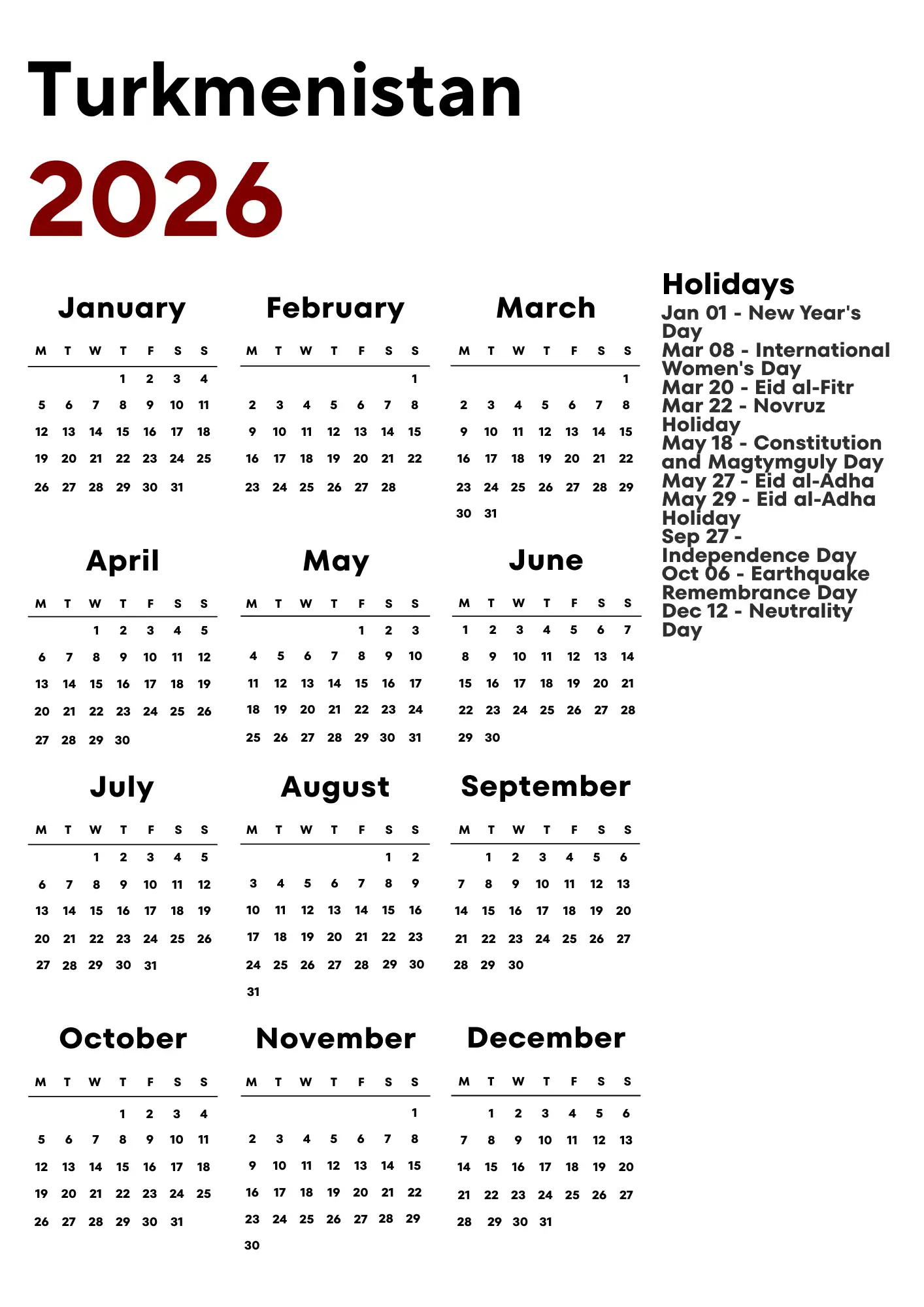 Turkmenistan Calendar 2026