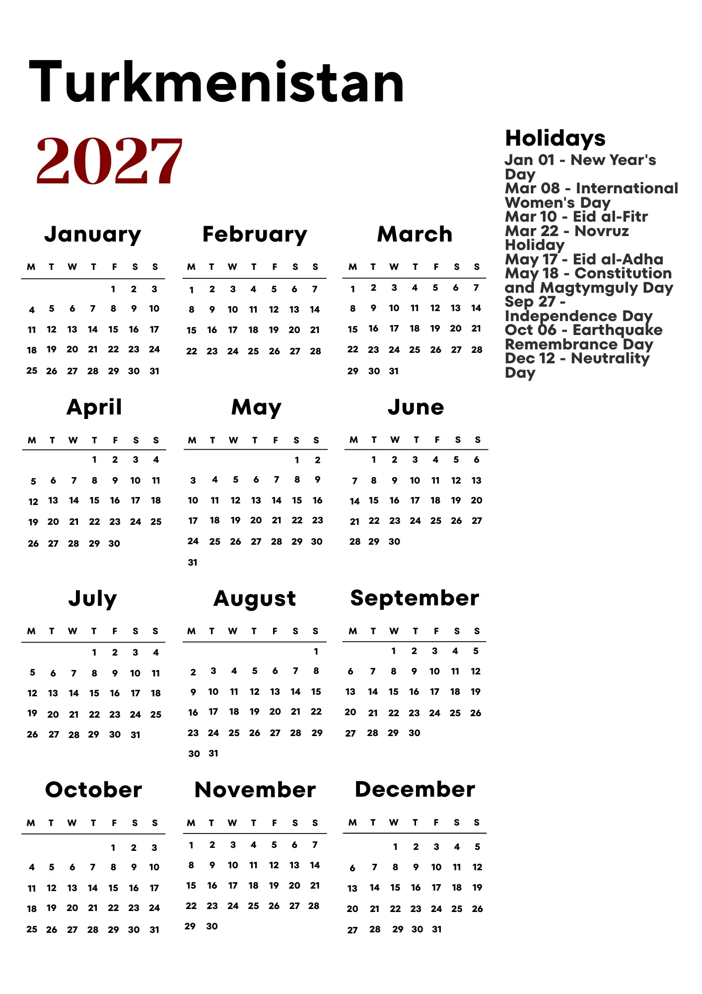 Turkmenistan Calendar 2027