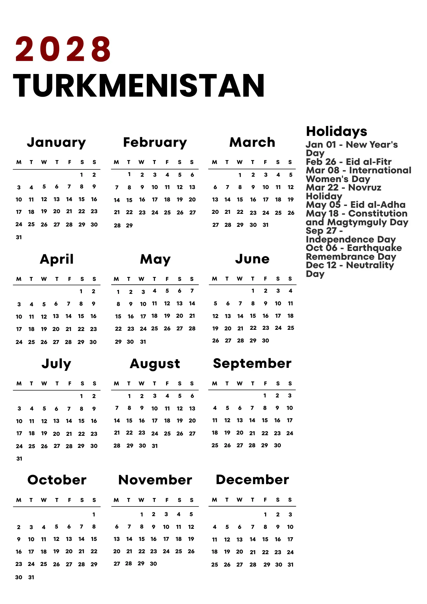 Turkmenistan Calendar 2028