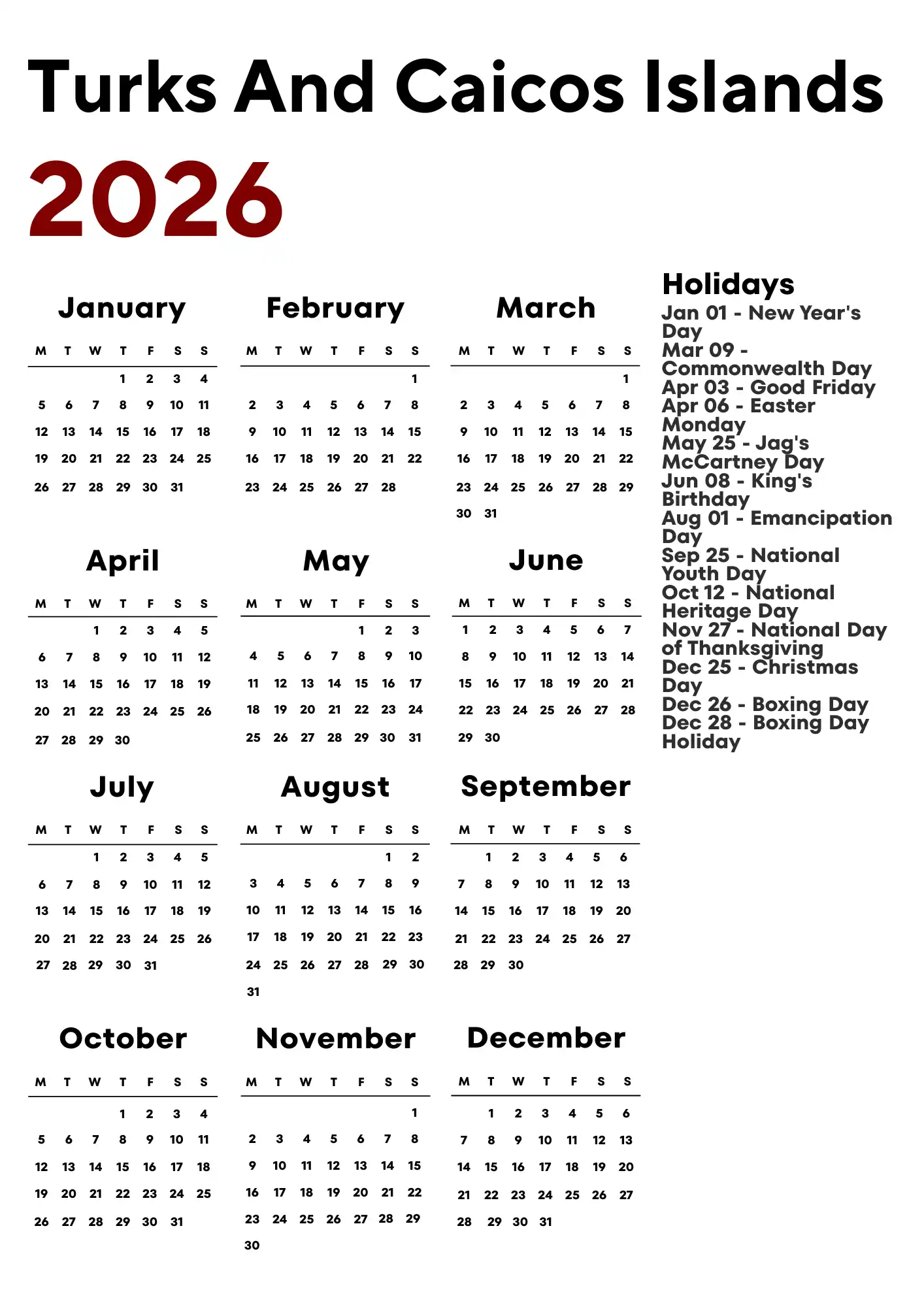 Turks And Caicos Islands Calendar 2026