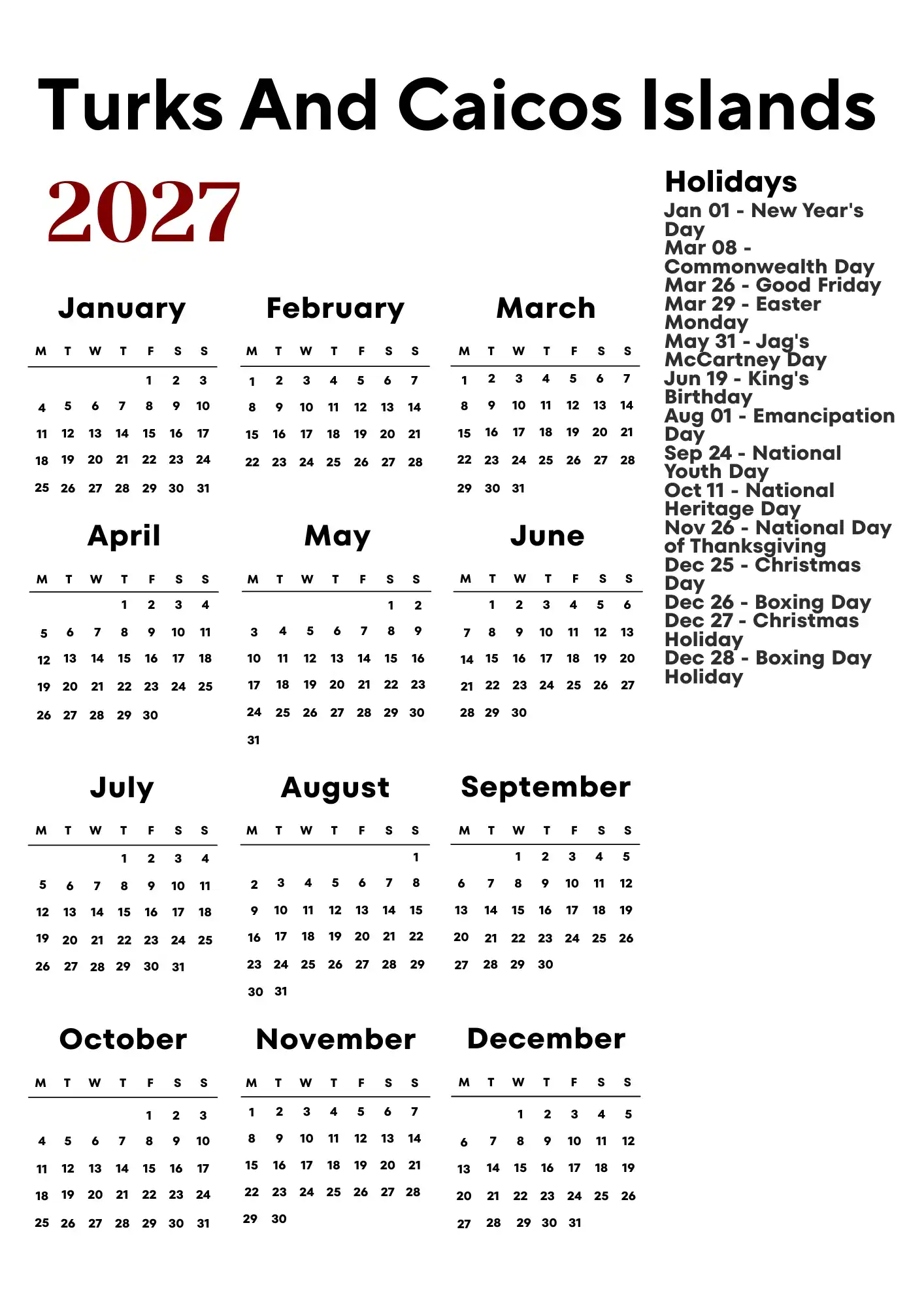 Turks And Caicos Islands Calendar 2027