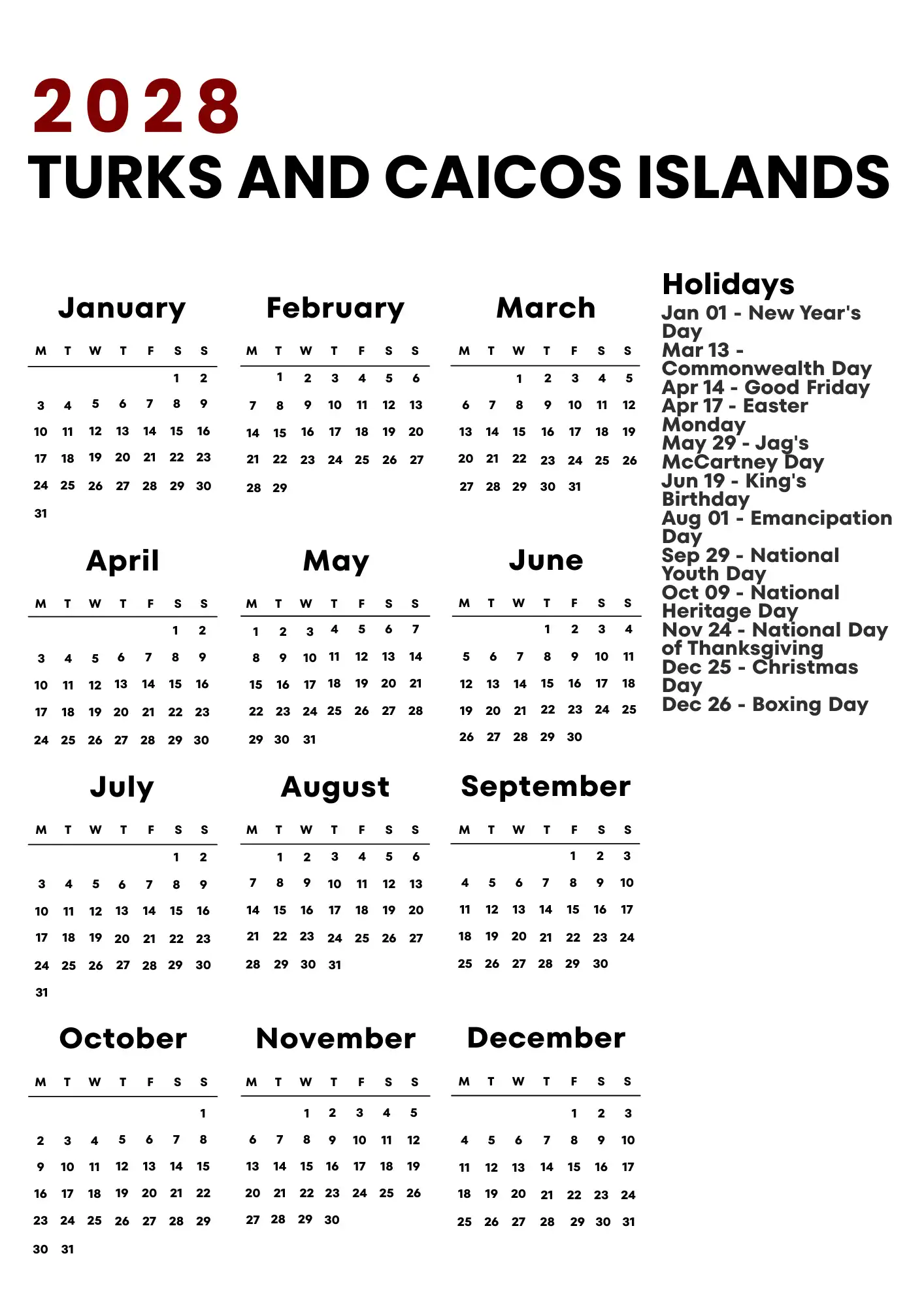 Turks And Caicos Islands Calendar 2028