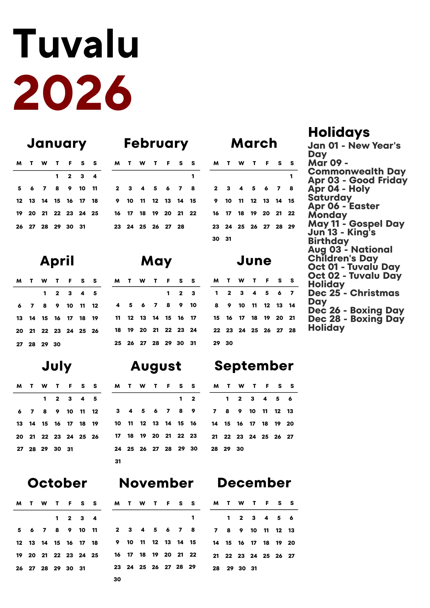 Tuvalu Calendar 2026