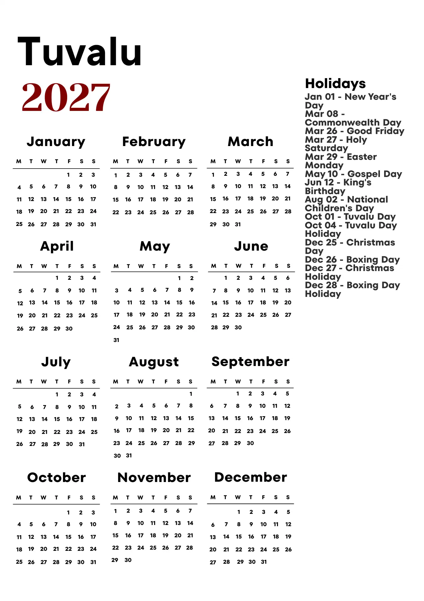 Tuvalu Calendar 2027