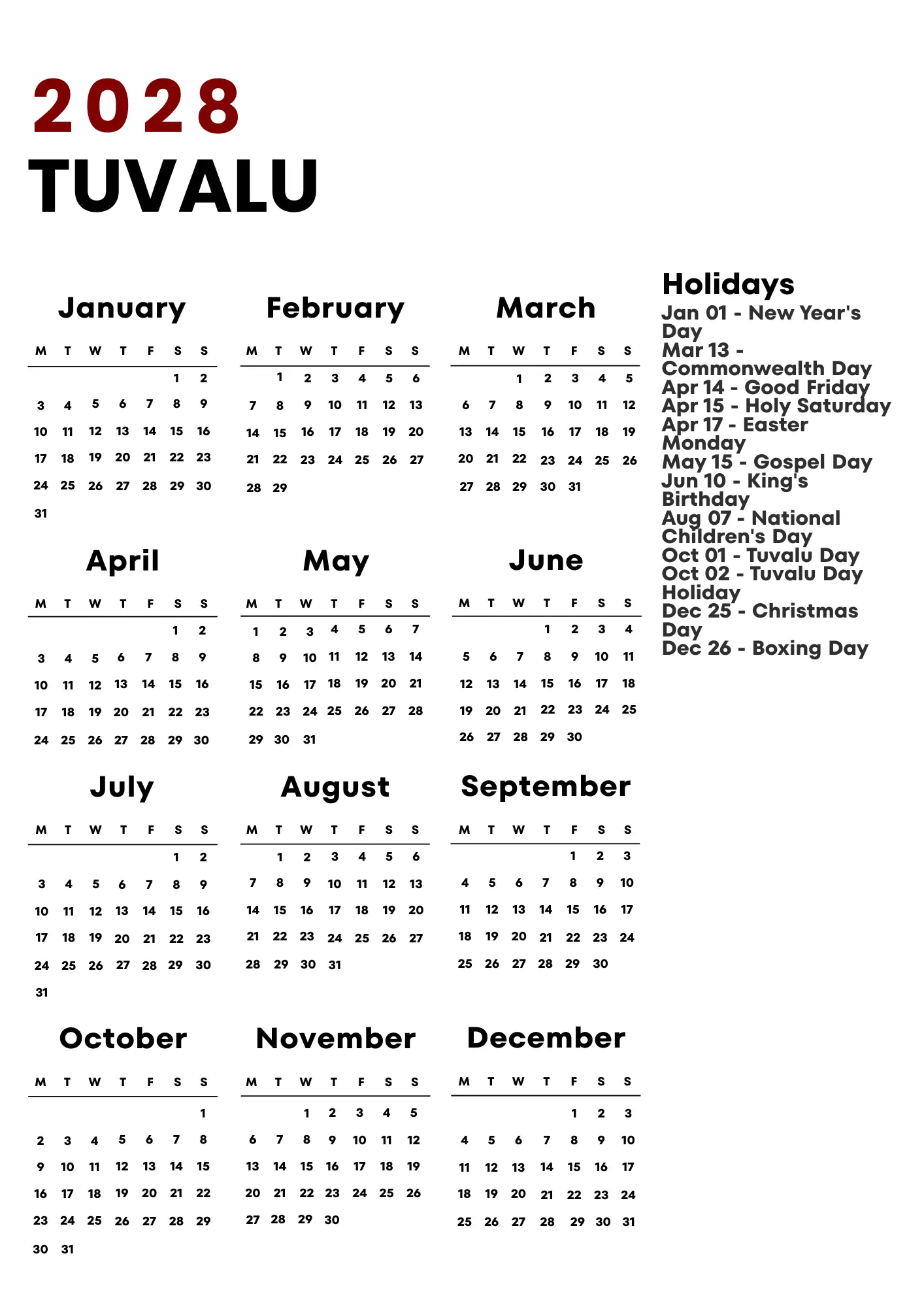 Tuvalu Calendar 2028