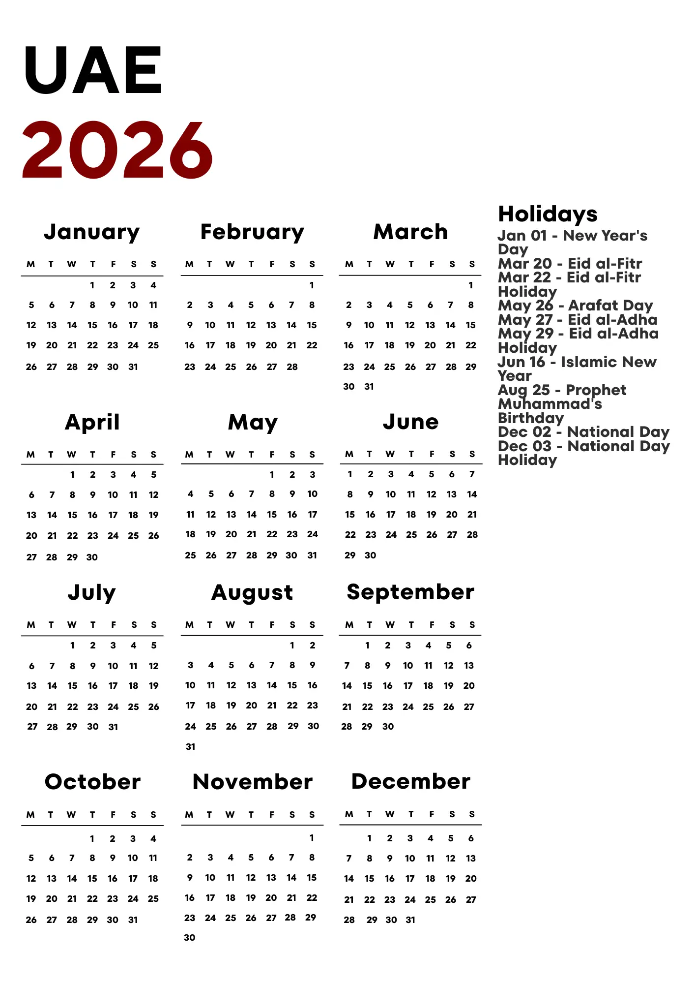 UAE Calendar 2026