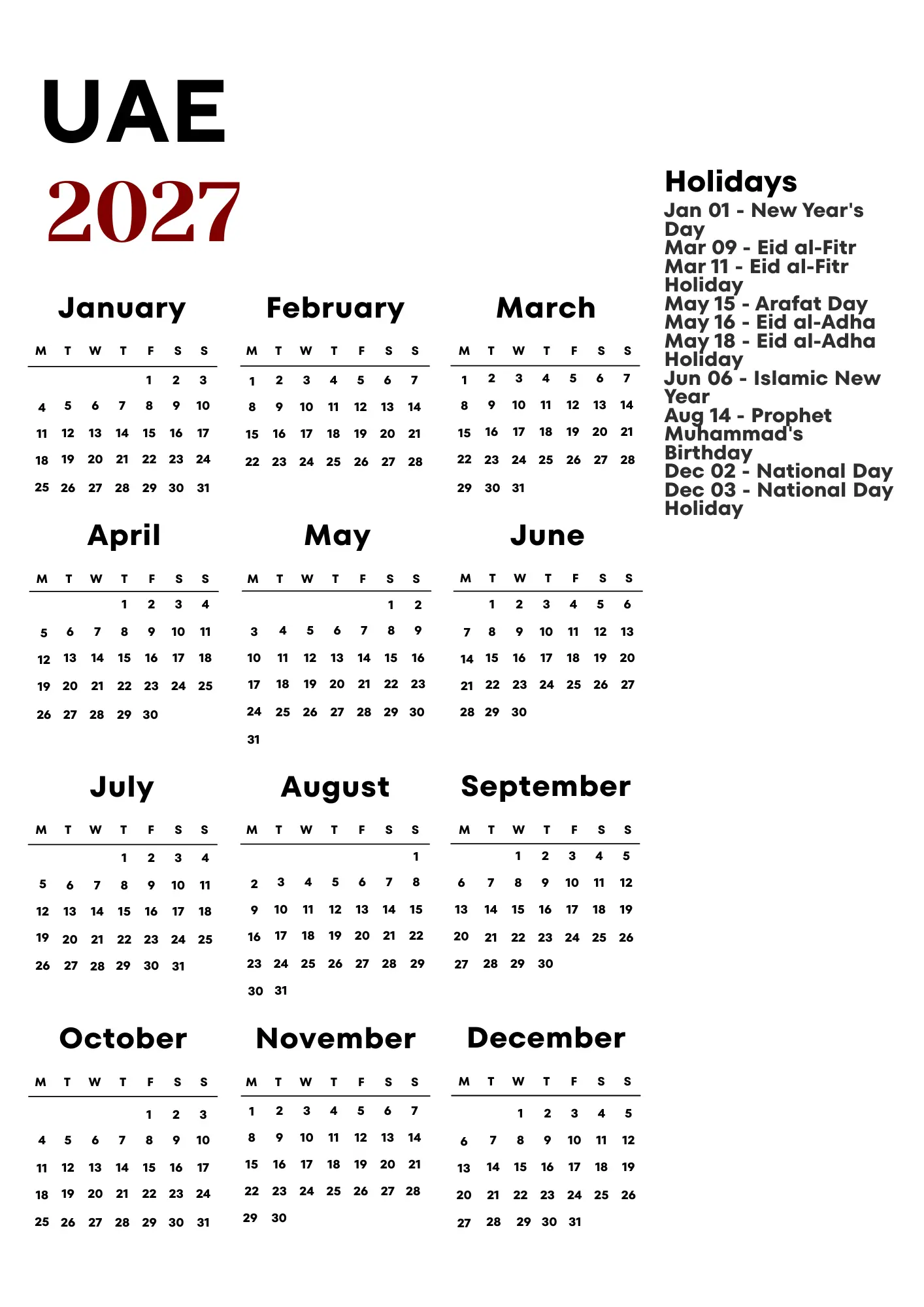 UAE Calendar 2027