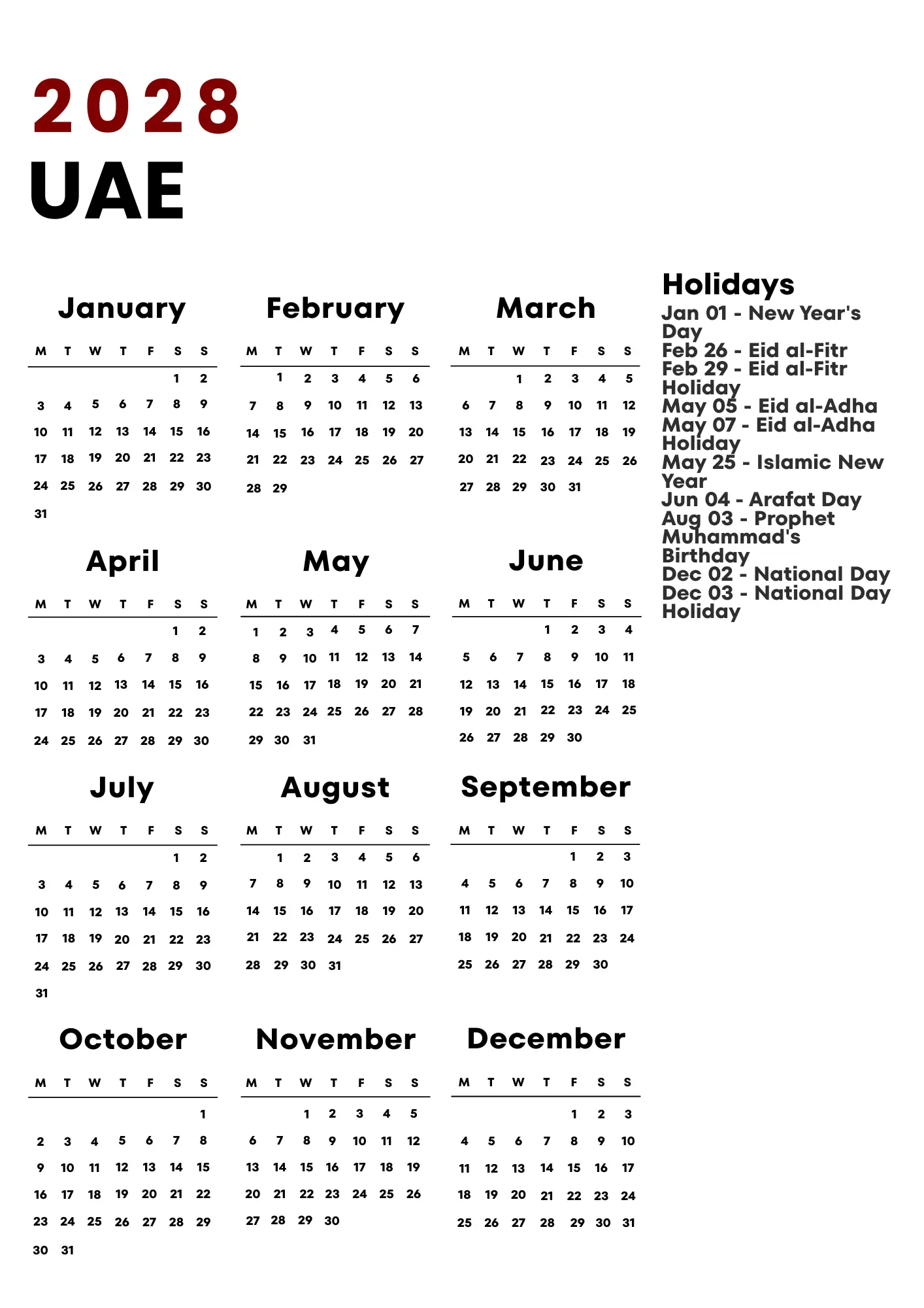 UAE Calendar 2028