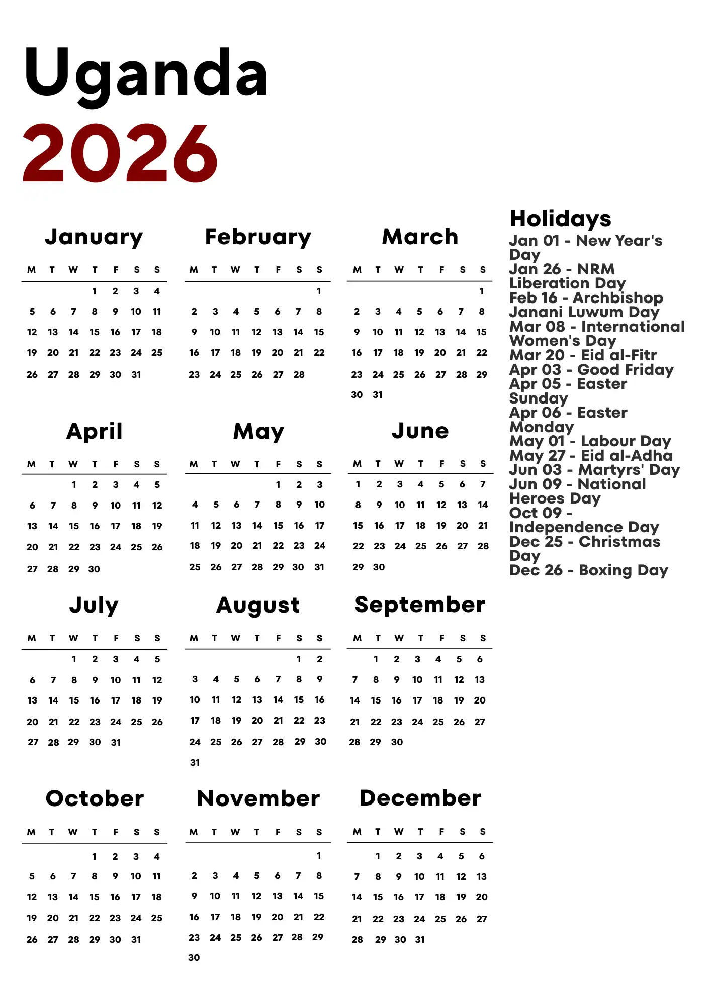 Uganda Calendar 2026