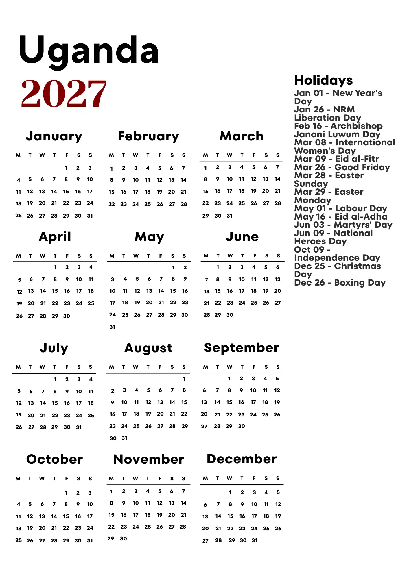 Uganda Calendar 2027