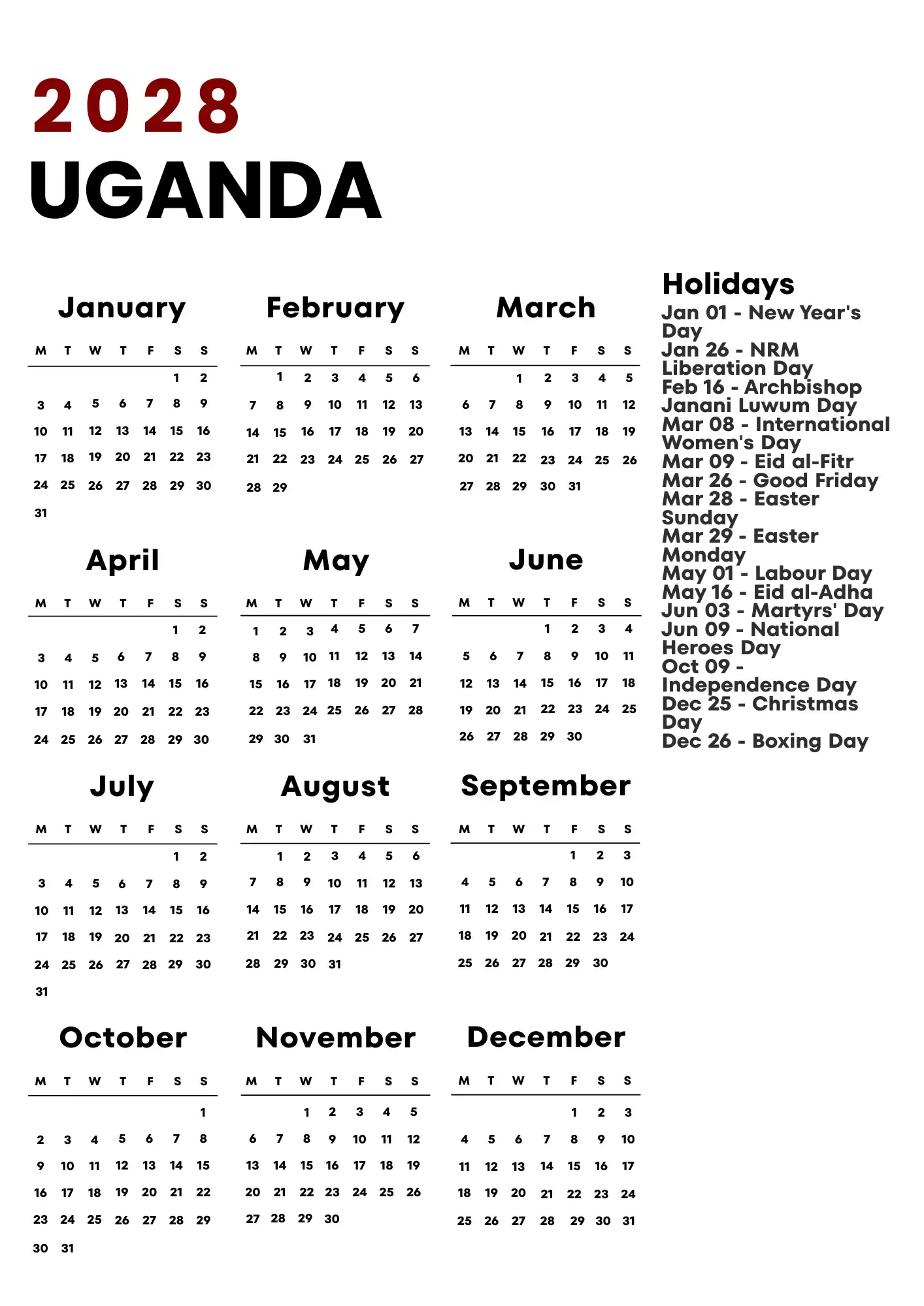 Uganda Calendar 2028