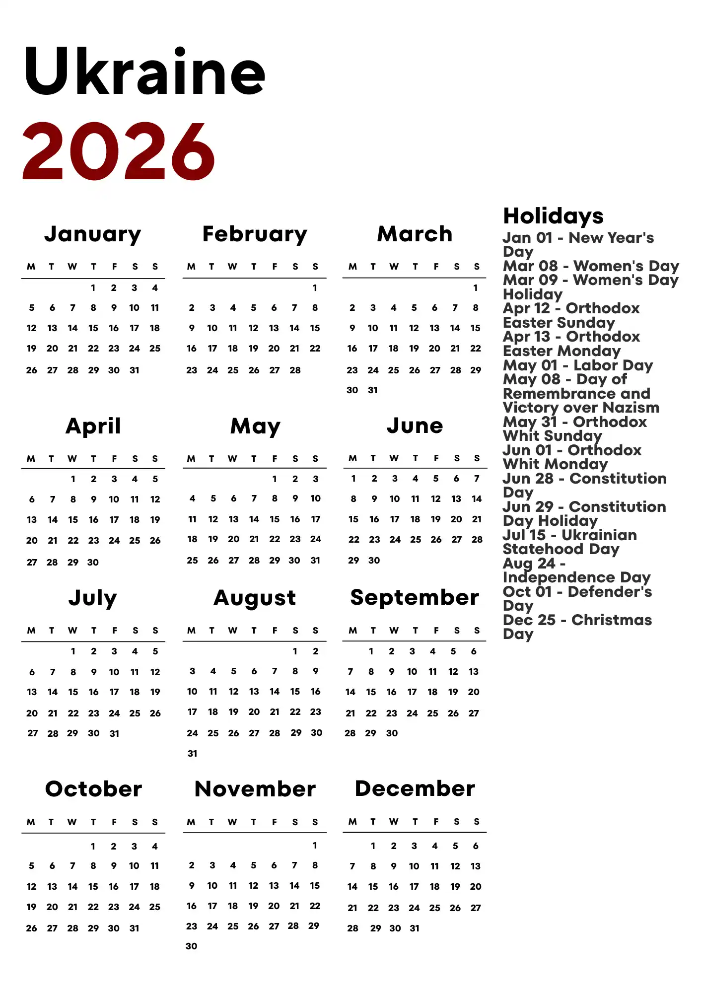 Ukraine Calendar 2026