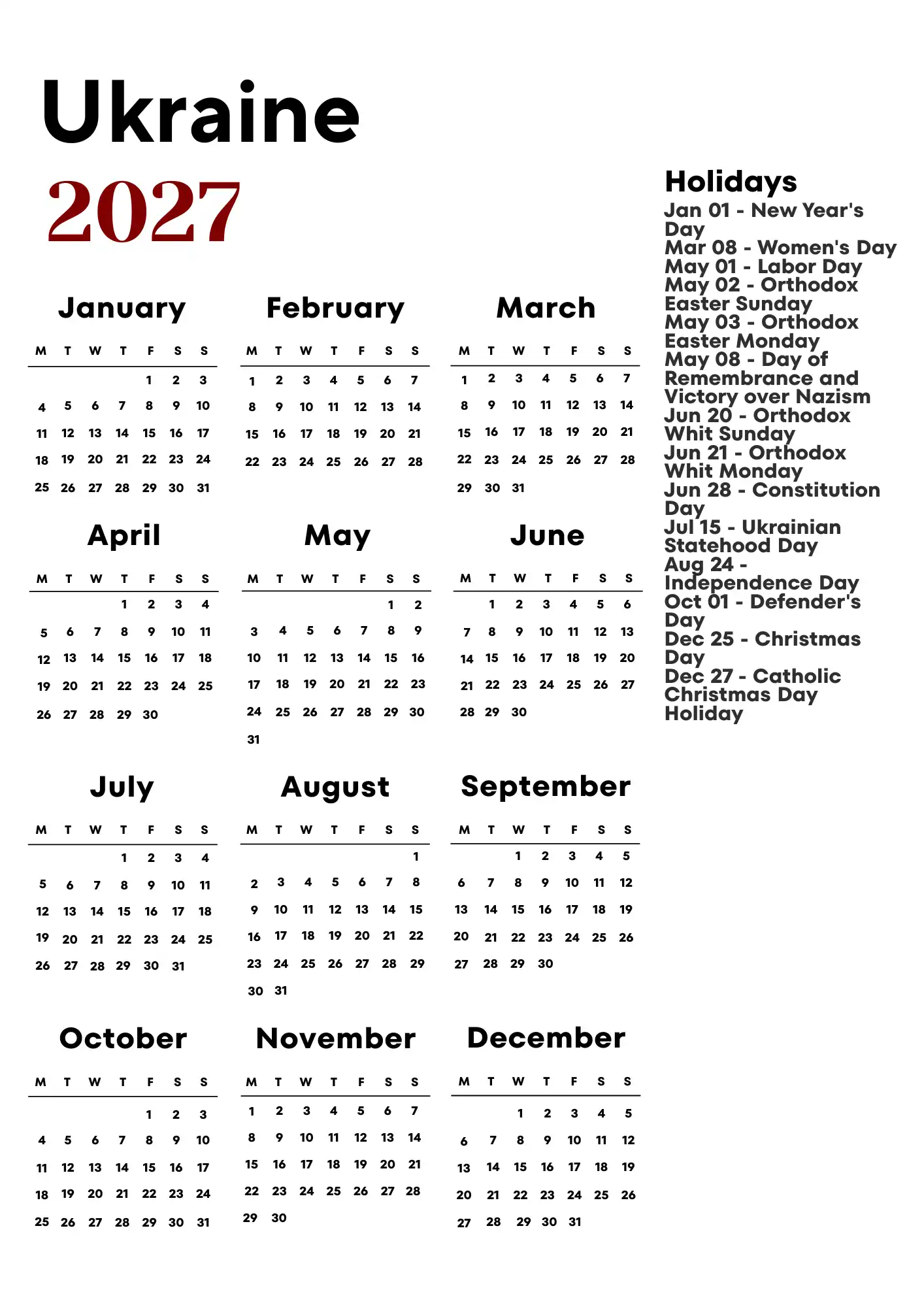 Ukraine Calendar 2027