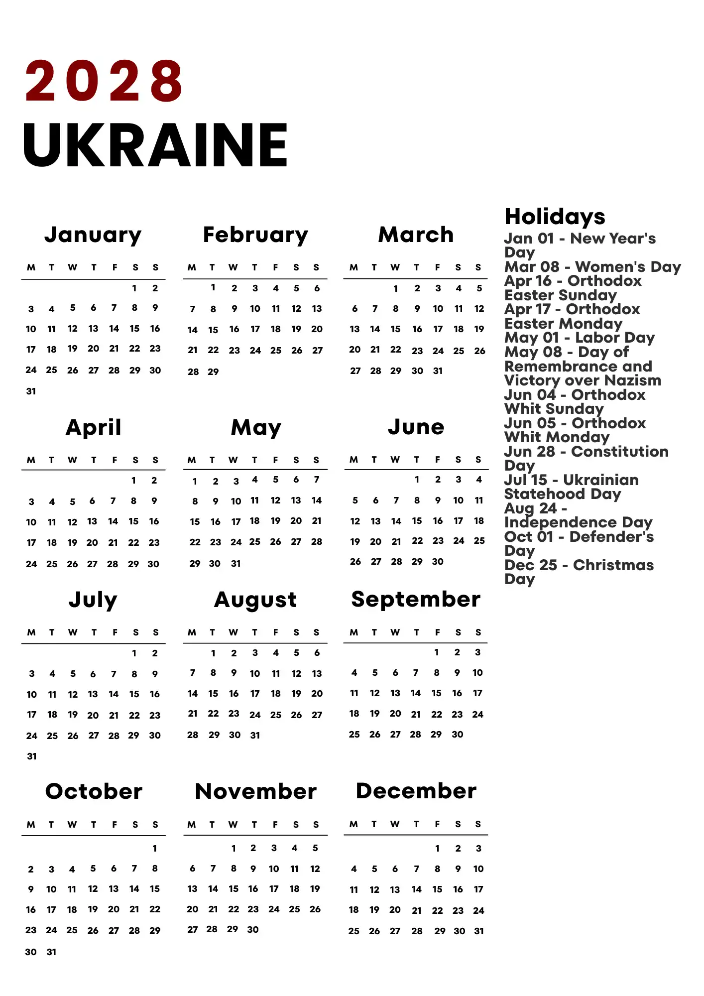 Ukraine Calendar 2028