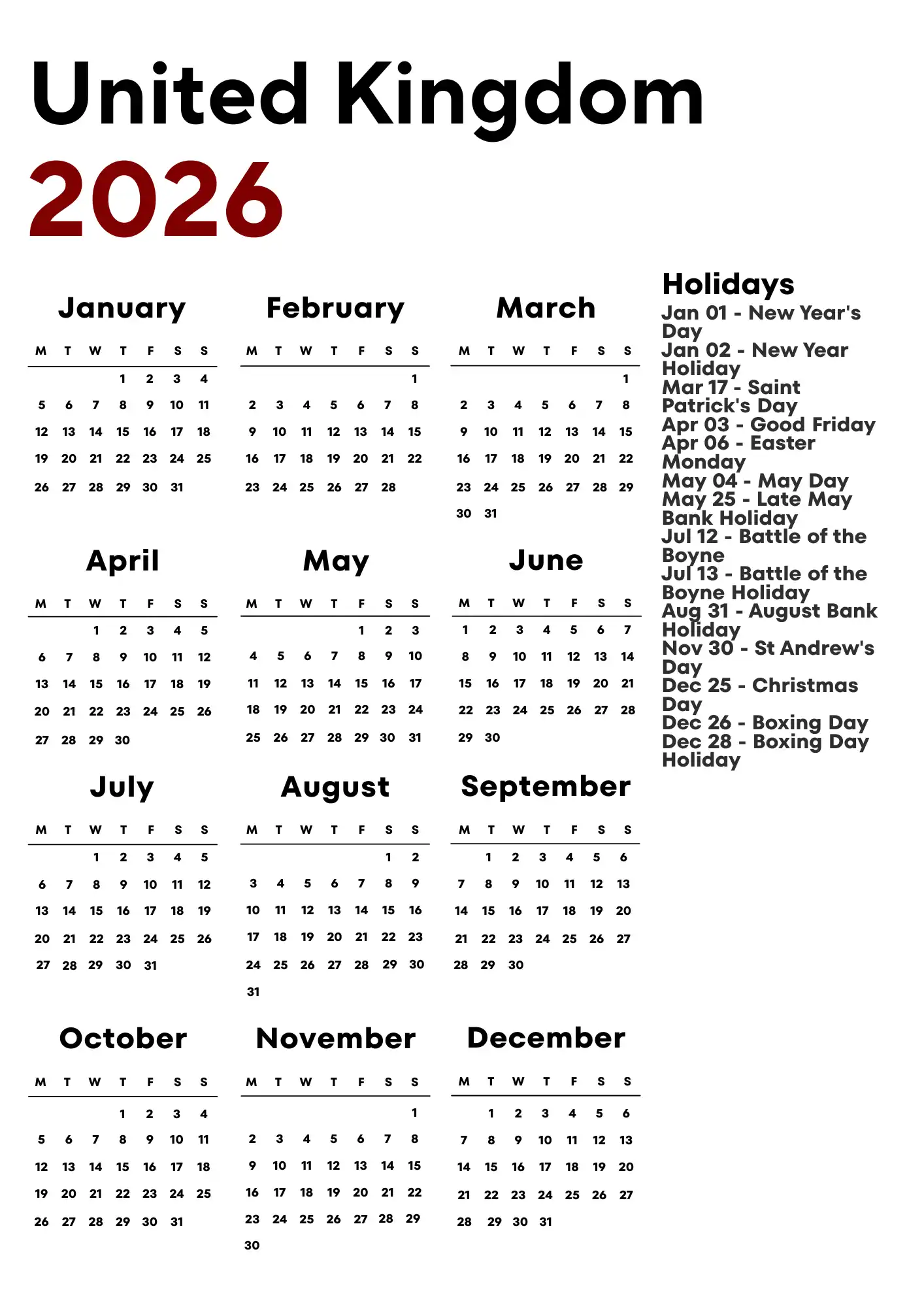 United Kingdom Calendar 2026