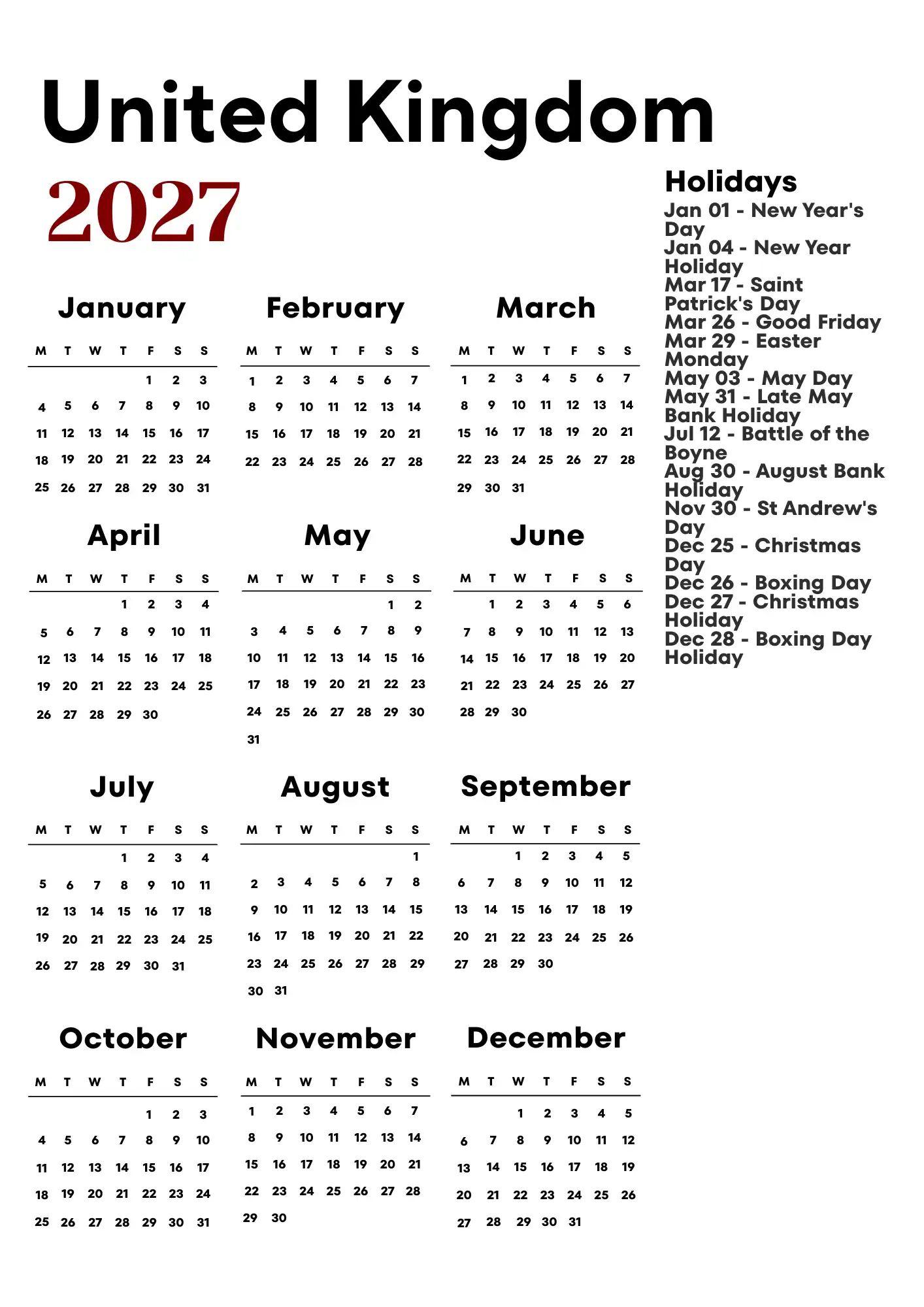 United Kingdom Calendar 2027