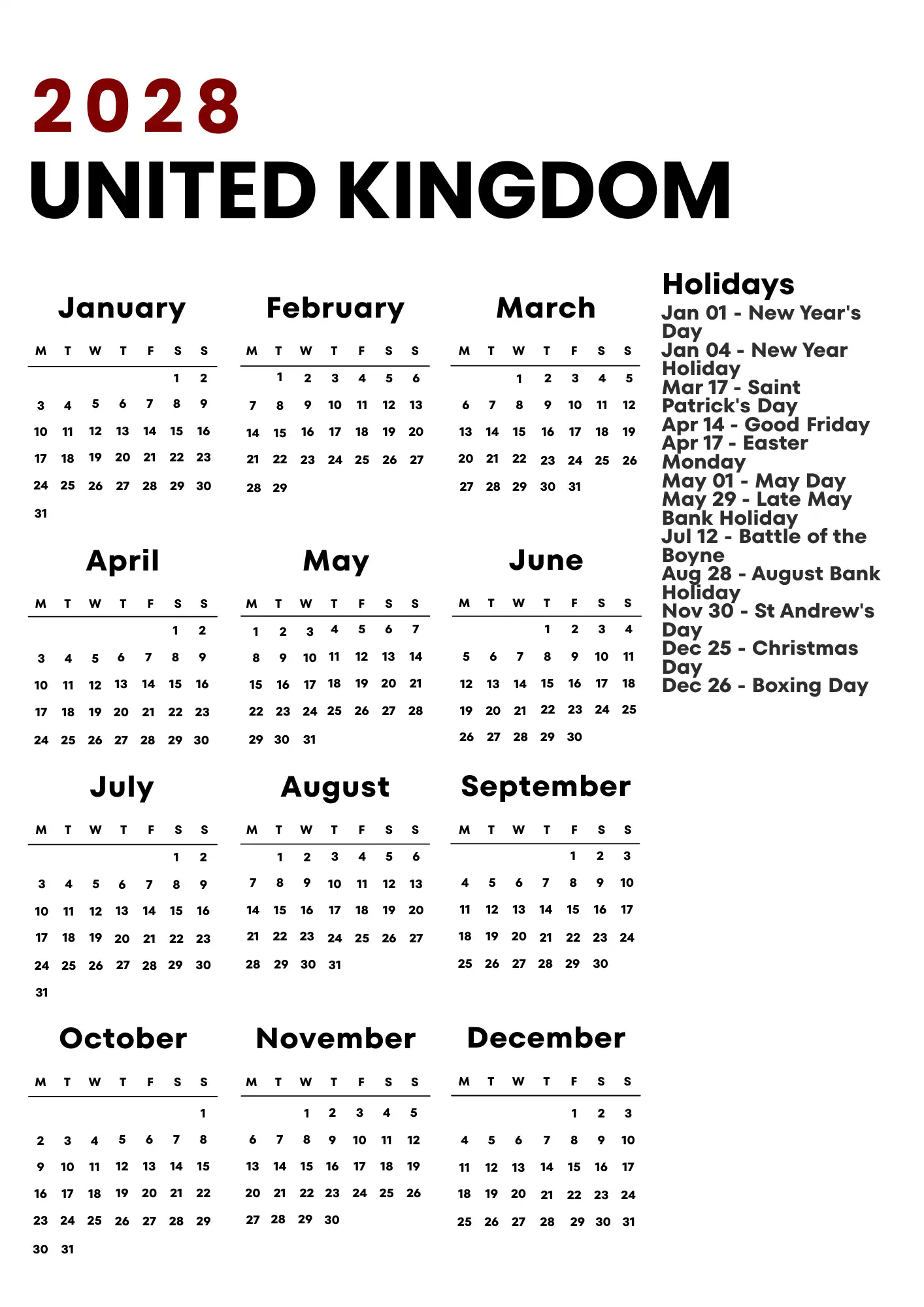 United Kingdom Calendar 2028