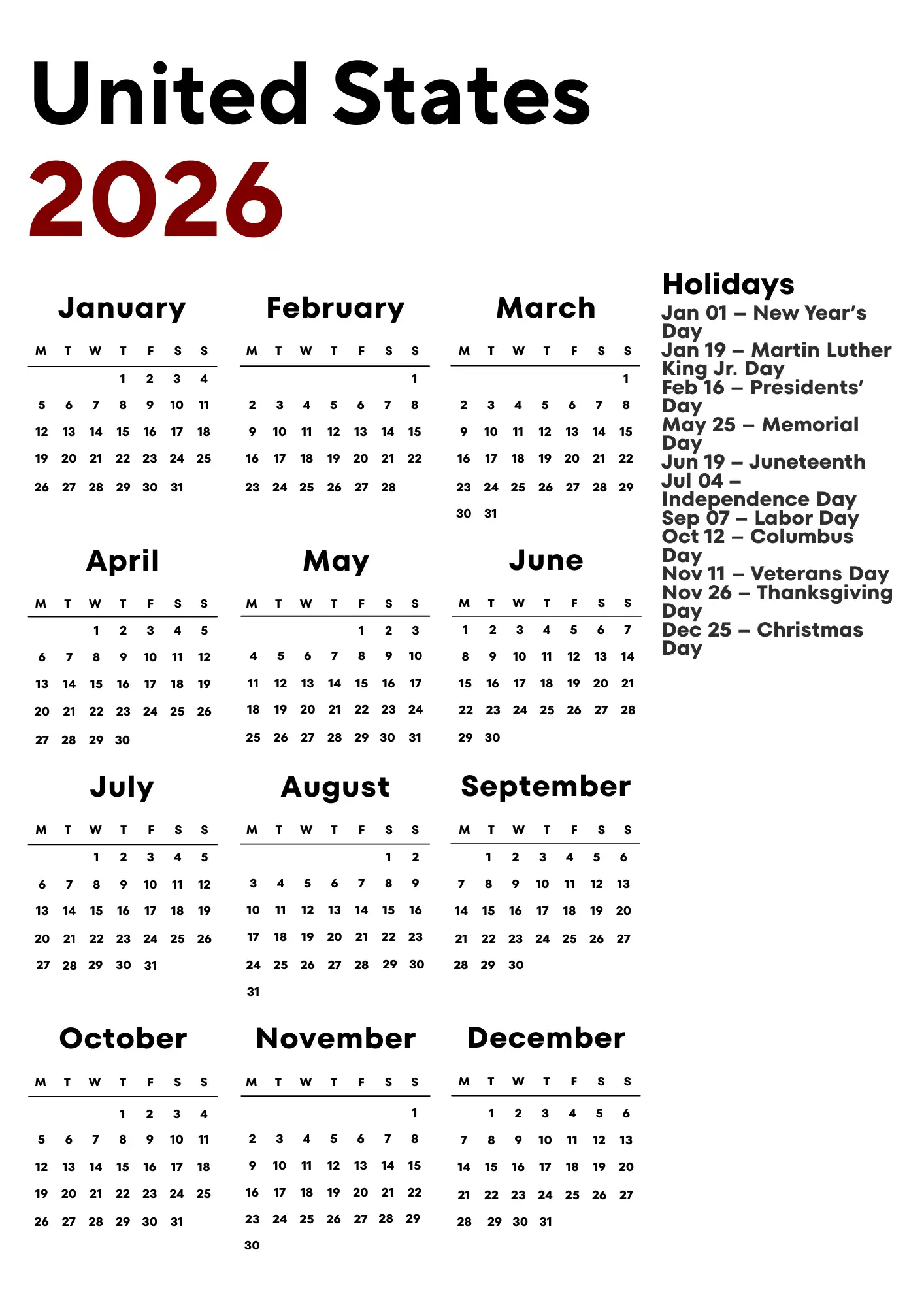 United States Calendar 2026