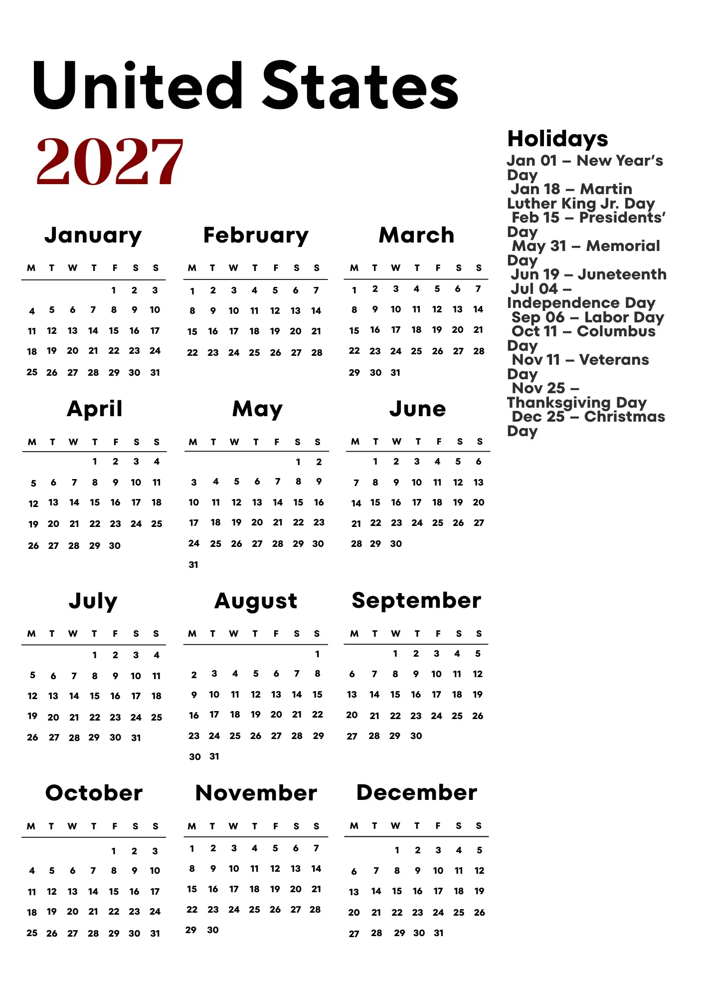 United States Calendar 2027