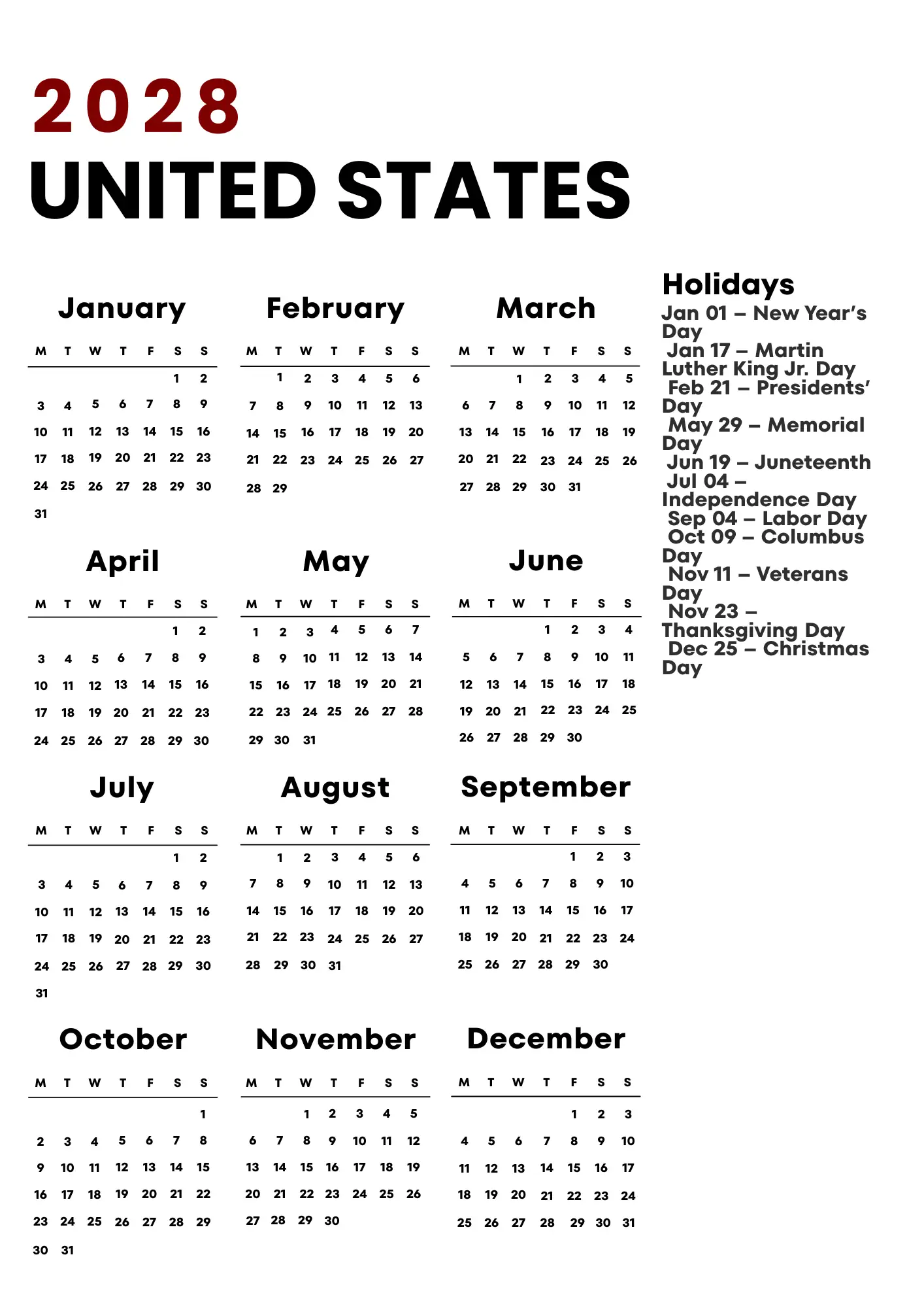 United States Calendar 2028